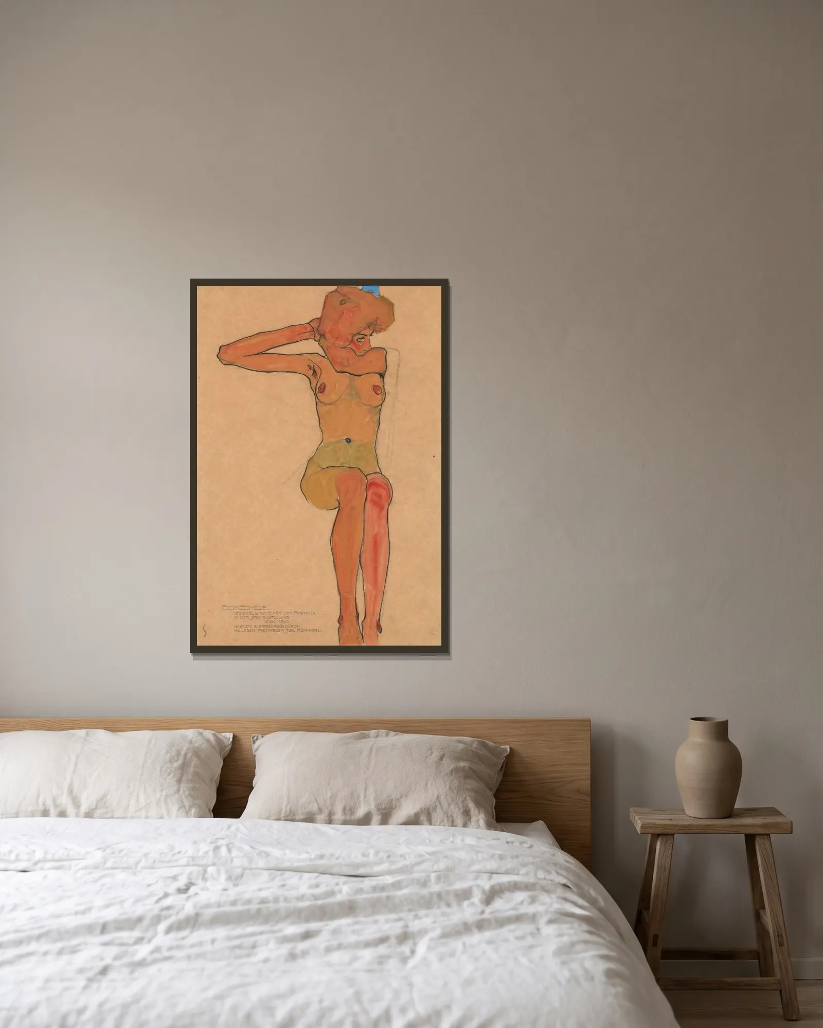 Mädchenakt (Gertrude) av Egon Schiele inramad på en vägg