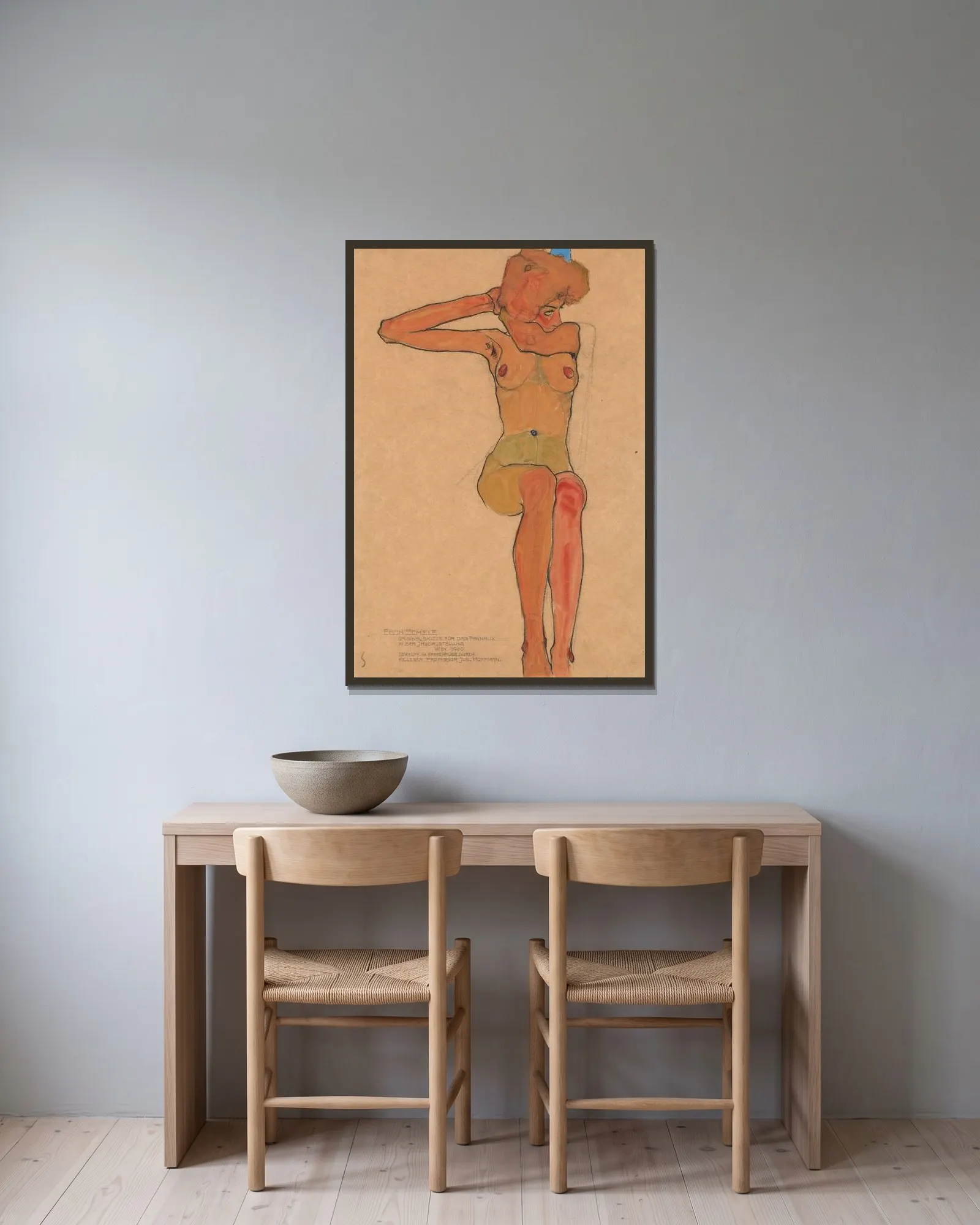 Mädchenakt (Gertrude) av Egon Schiele inramad på en vägg