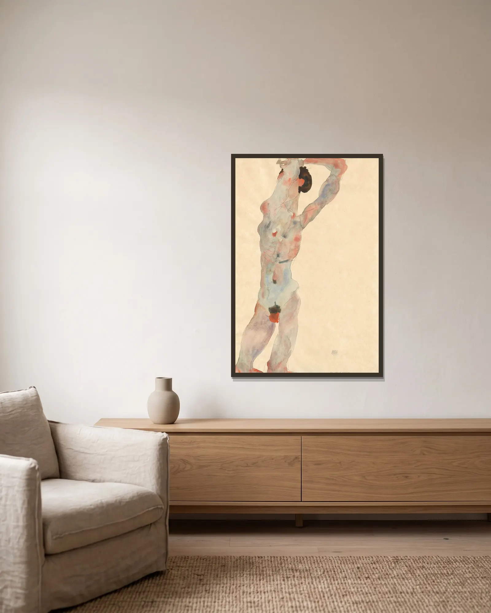 Männlicher Akt av Egon Schiele inramad på en vägg