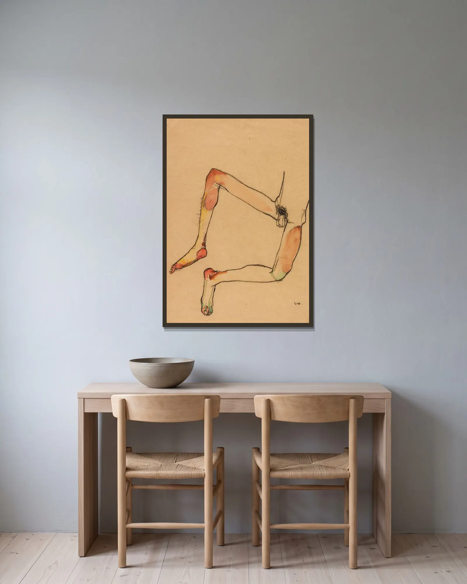 Männlicher Unterleibstorso av Egon Schiele inramad på en vägg