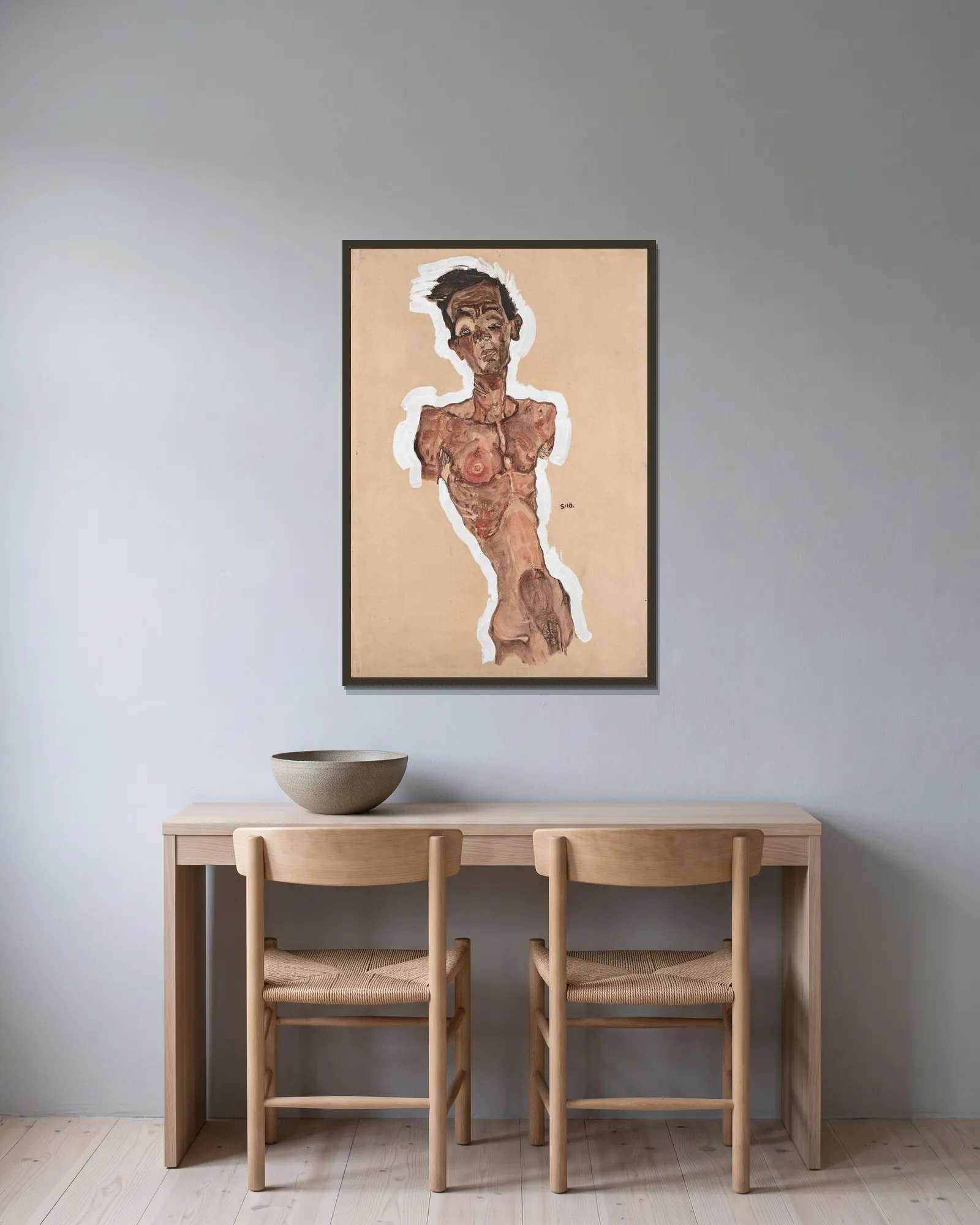 Nude Self-Portrait av Egon Schiele inramad på en vägg