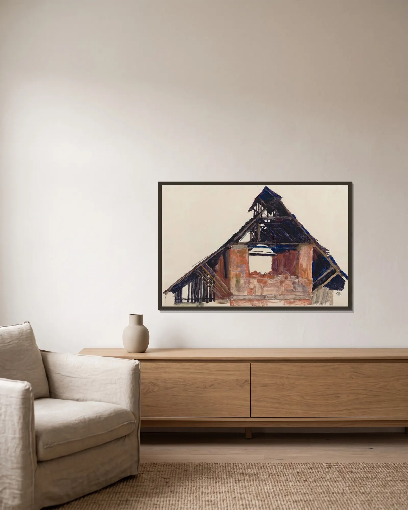 Old Gable av Egon Schiele inramad på en vägg