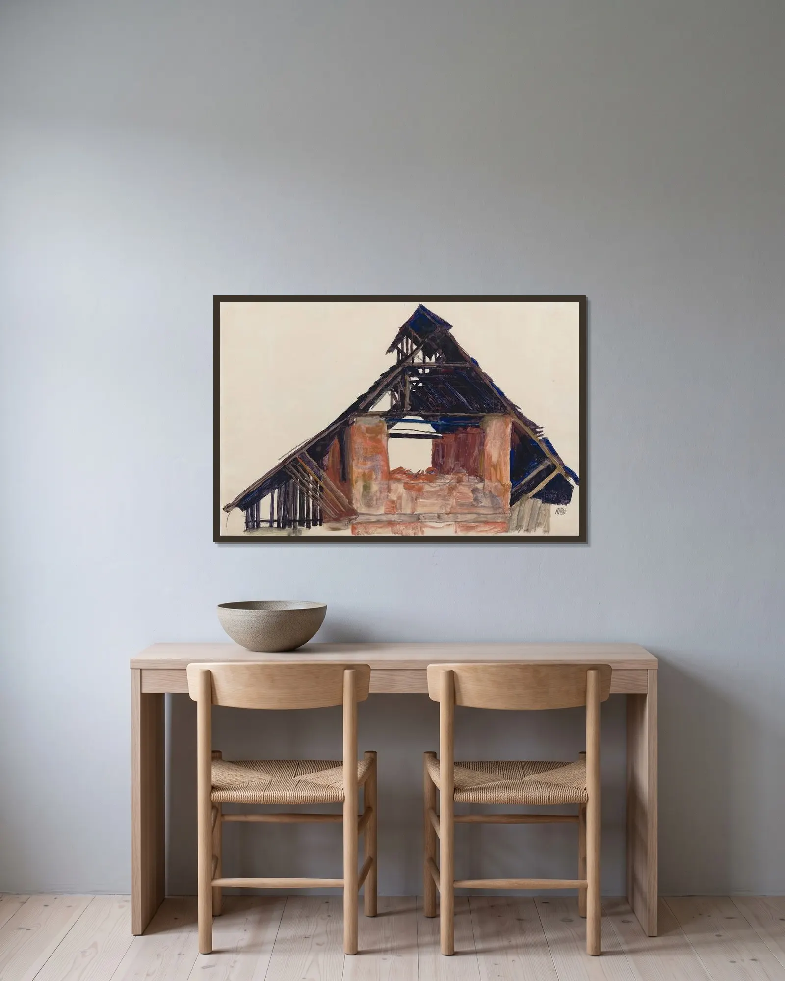 Old Gable av Egon Schiele inramad på en vägg