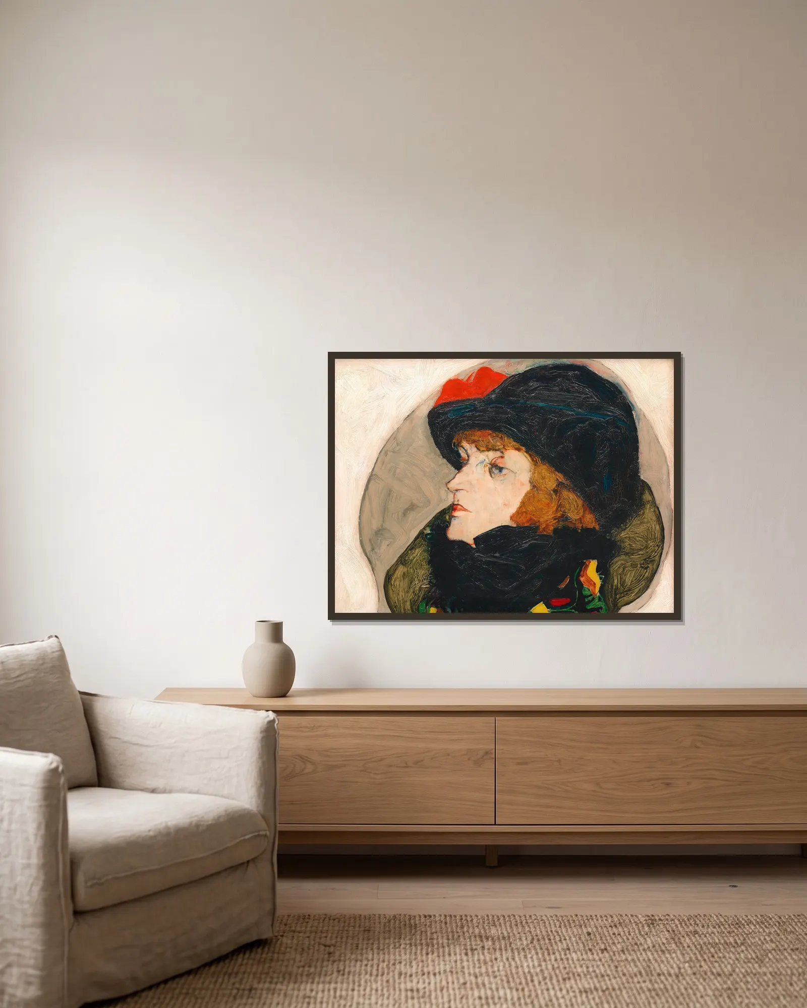 Porträt Ida Roessler av Egon Schiele inramad på en vägg