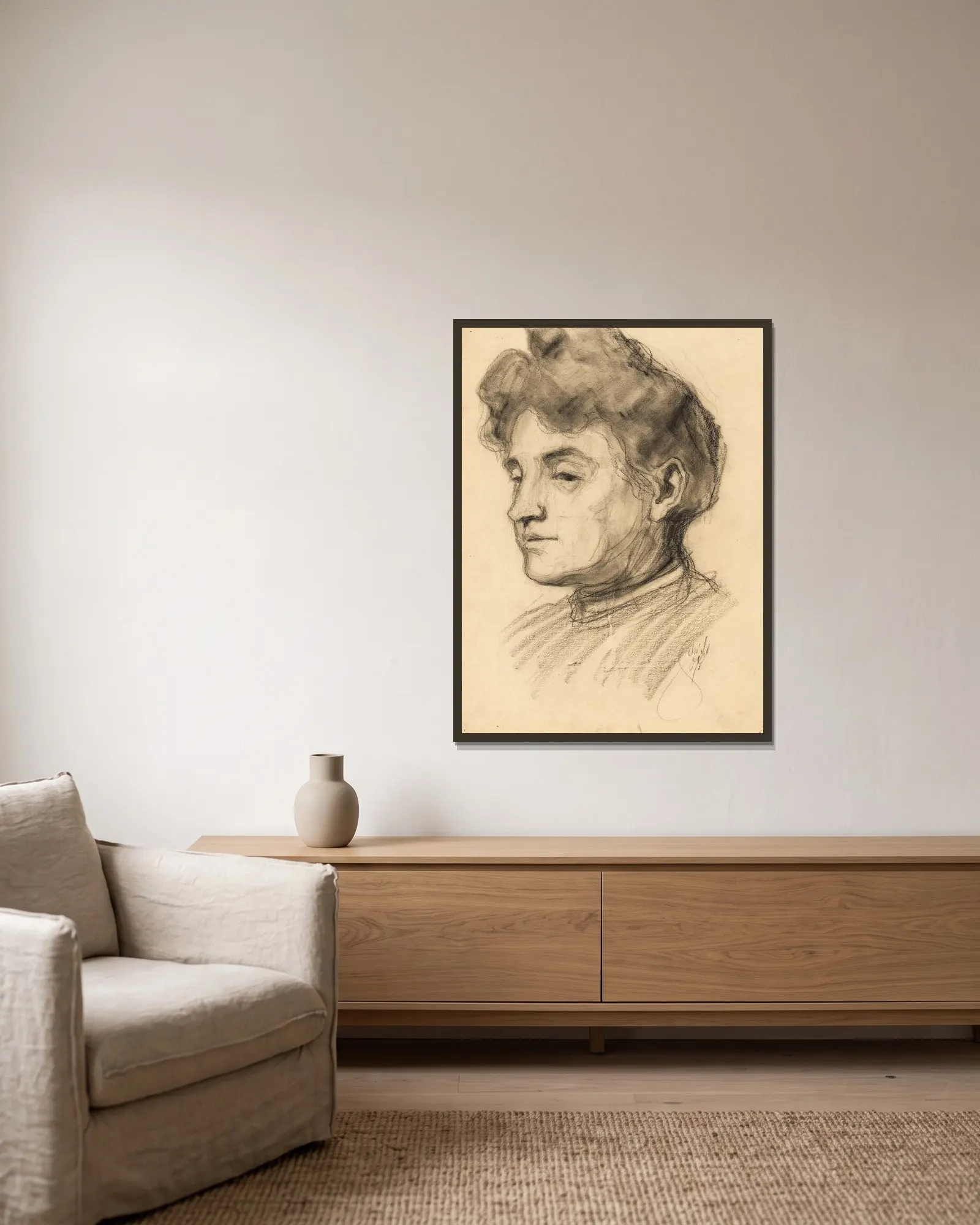 Porträt Marie Schiele av Egon Schiele inramad på en vägg
