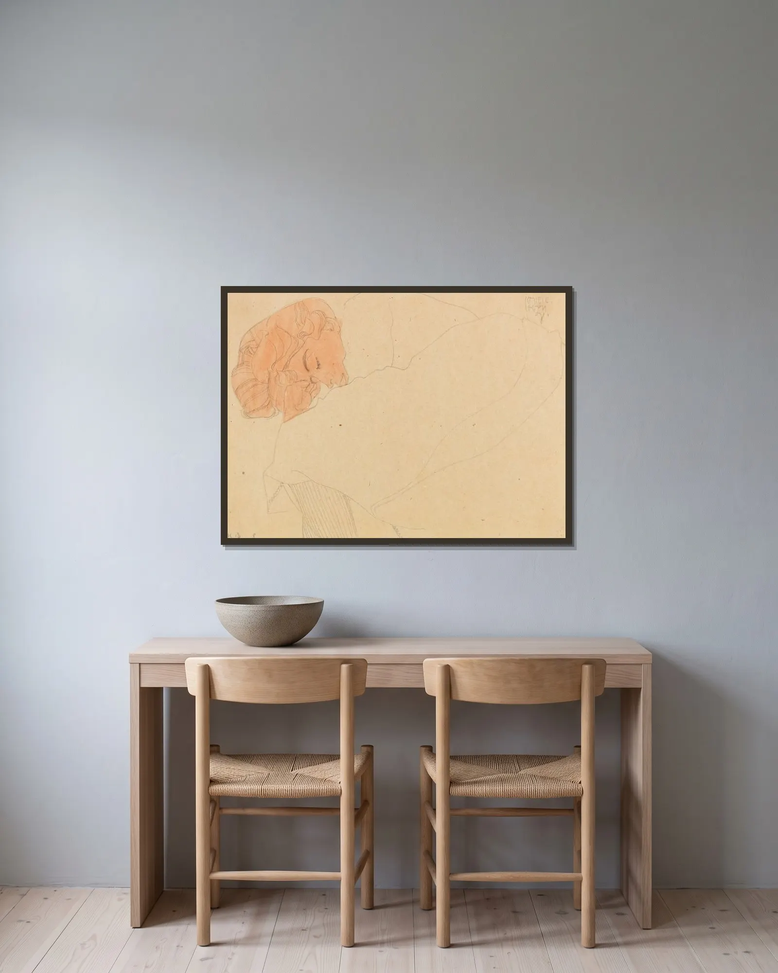 Schlafendes Mädchen (Melanie Schiele) av Egon Schiele inramad på en vägg