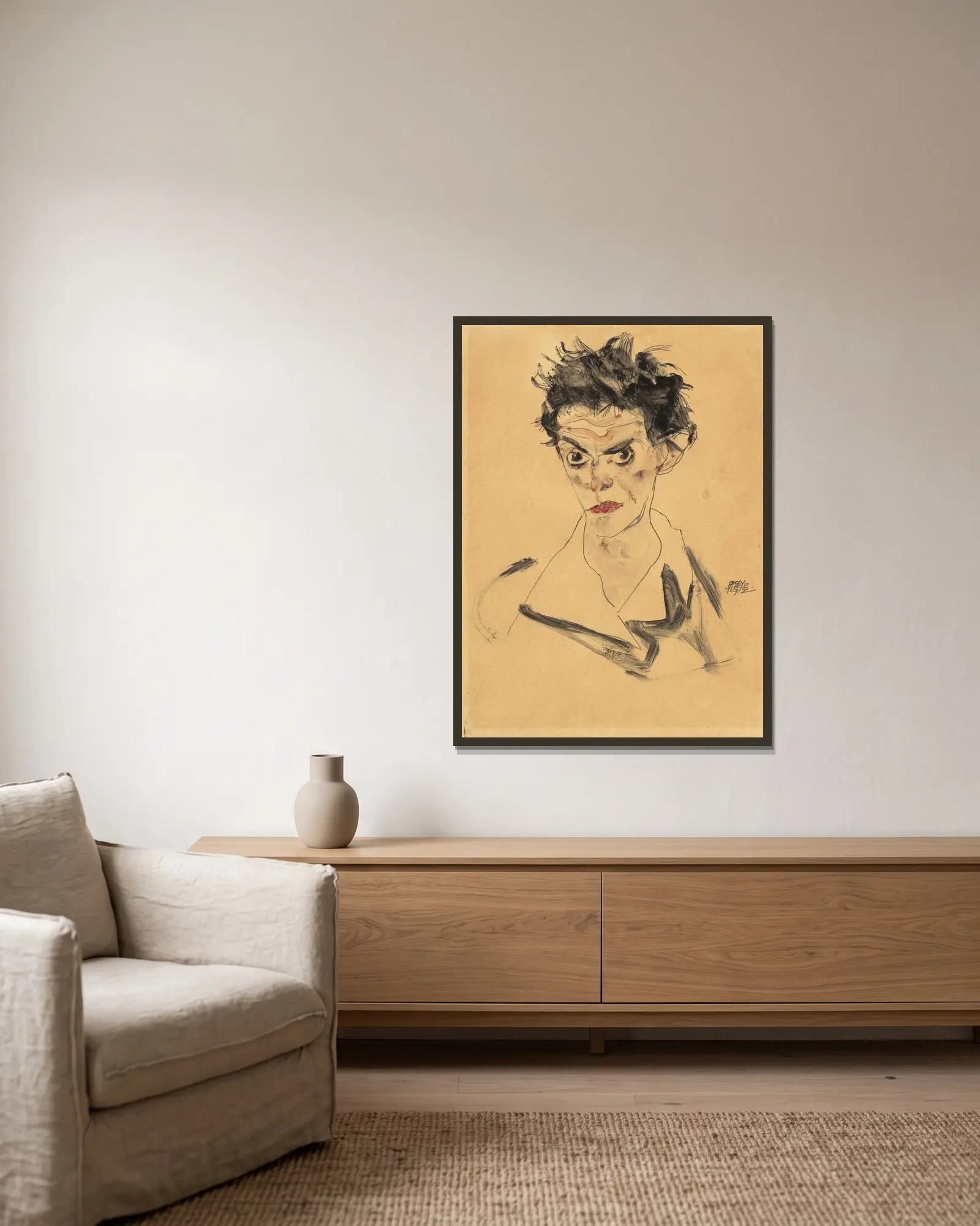 Self-Portrait, 1912 av Egon Schiele inramad på en vägg