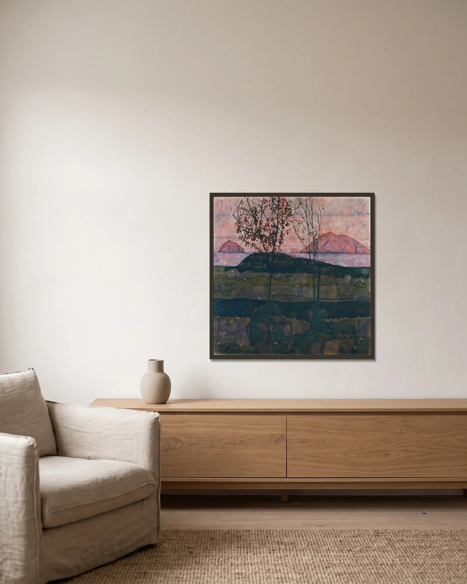 Setting Sun av Egon Schiele inramad på en vägg