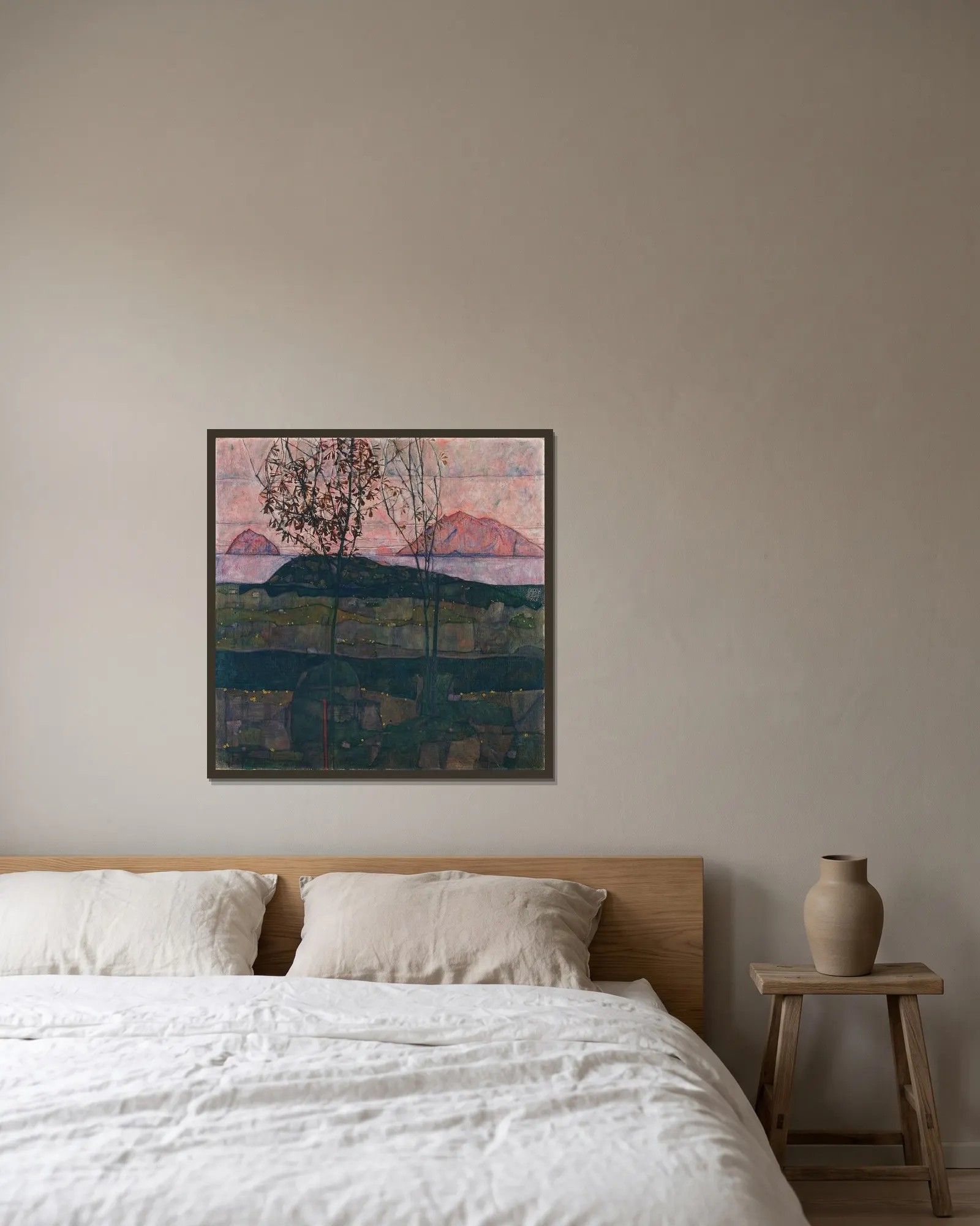 Setting Sun av Egon Schiele inramad på en vägg