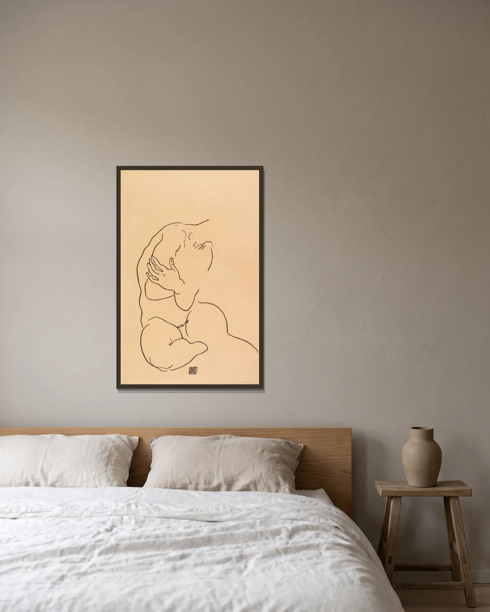 Sitzender weiblicher Torso av Egon Schiele inramad på en vägg
