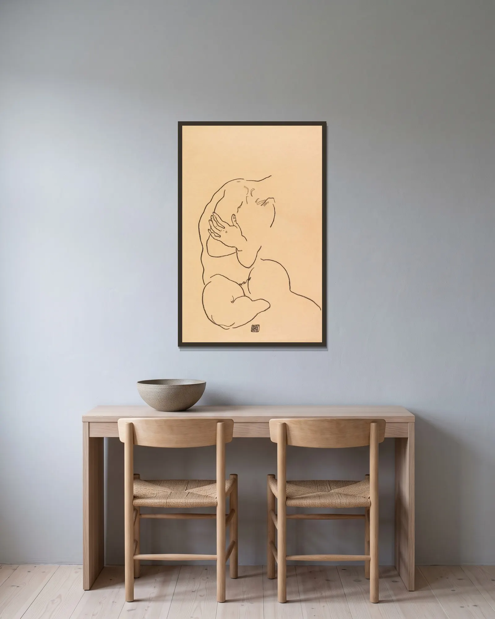Sitzender weiblicher Torso av Egon Schiele inramad på en vägg