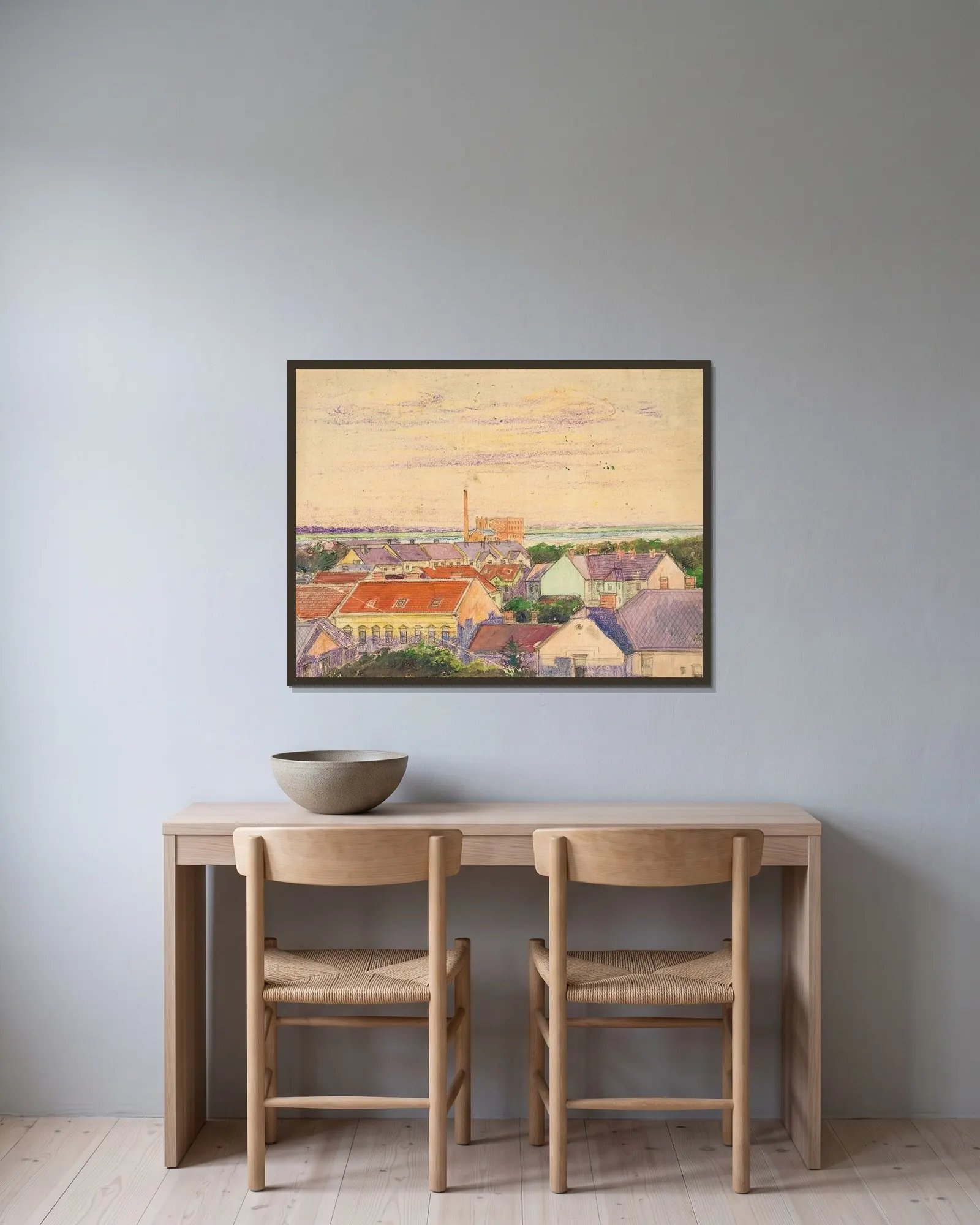 Stadtansicht av Egon Schiele inramad på en vägg