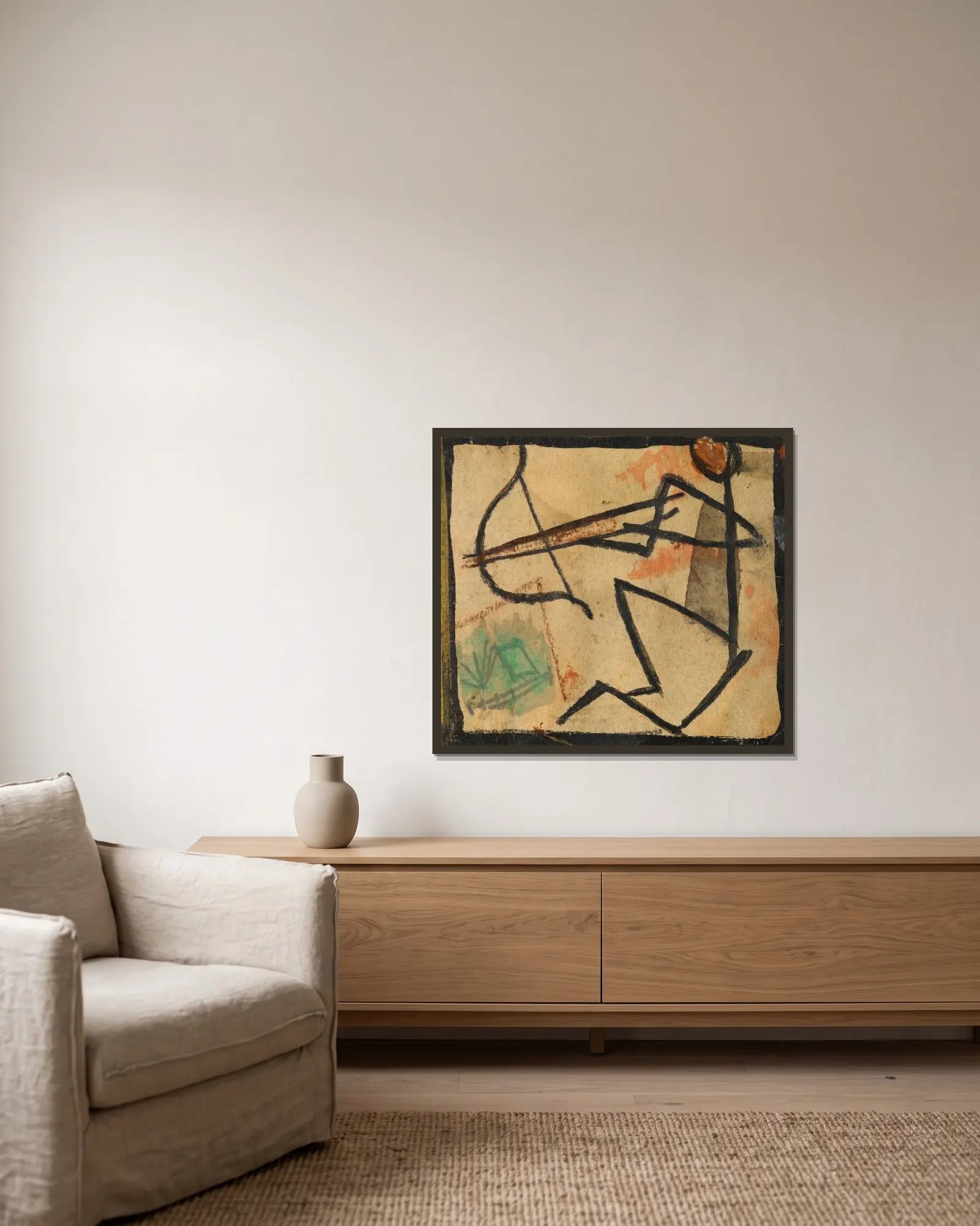 Strichmännchen mit Pfeil und Bogen av Egon Schiele inramad på en vägg