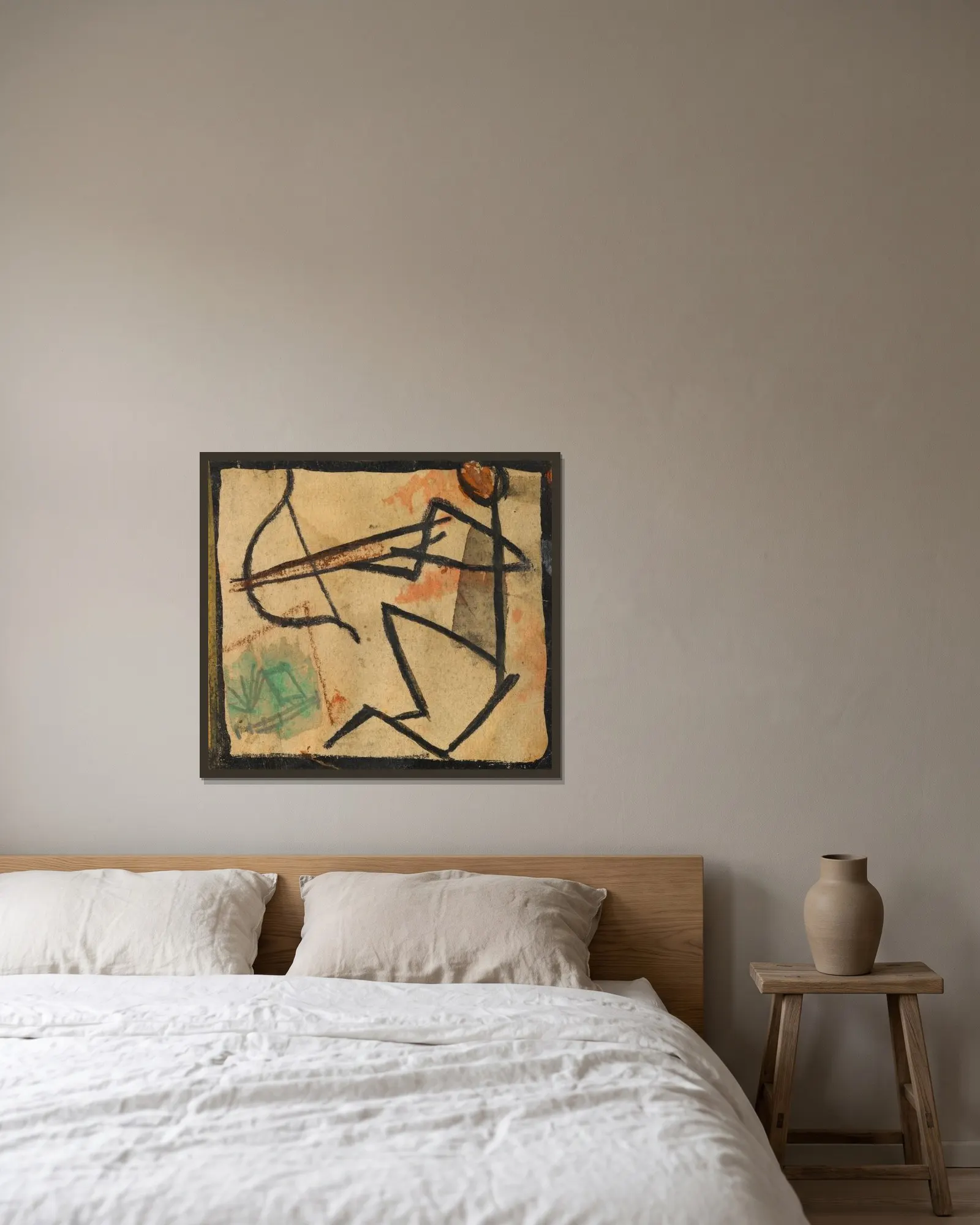 Strichmännchen mit Pfeil und Bogen av Egon Schiele inramad på en vägg