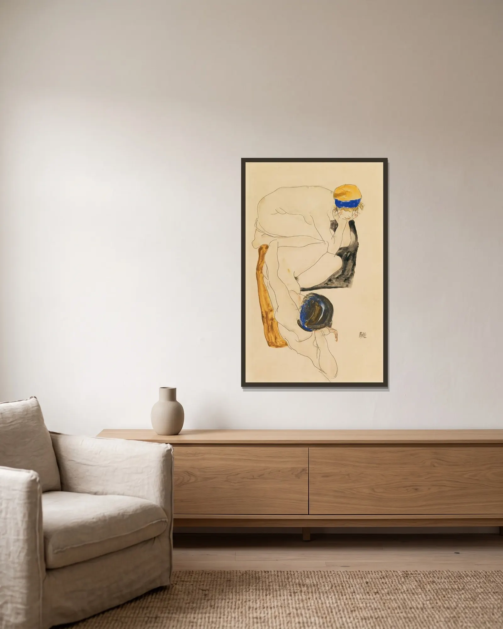 Two Reclining Figures av Egon Schiele inramad på en vägg