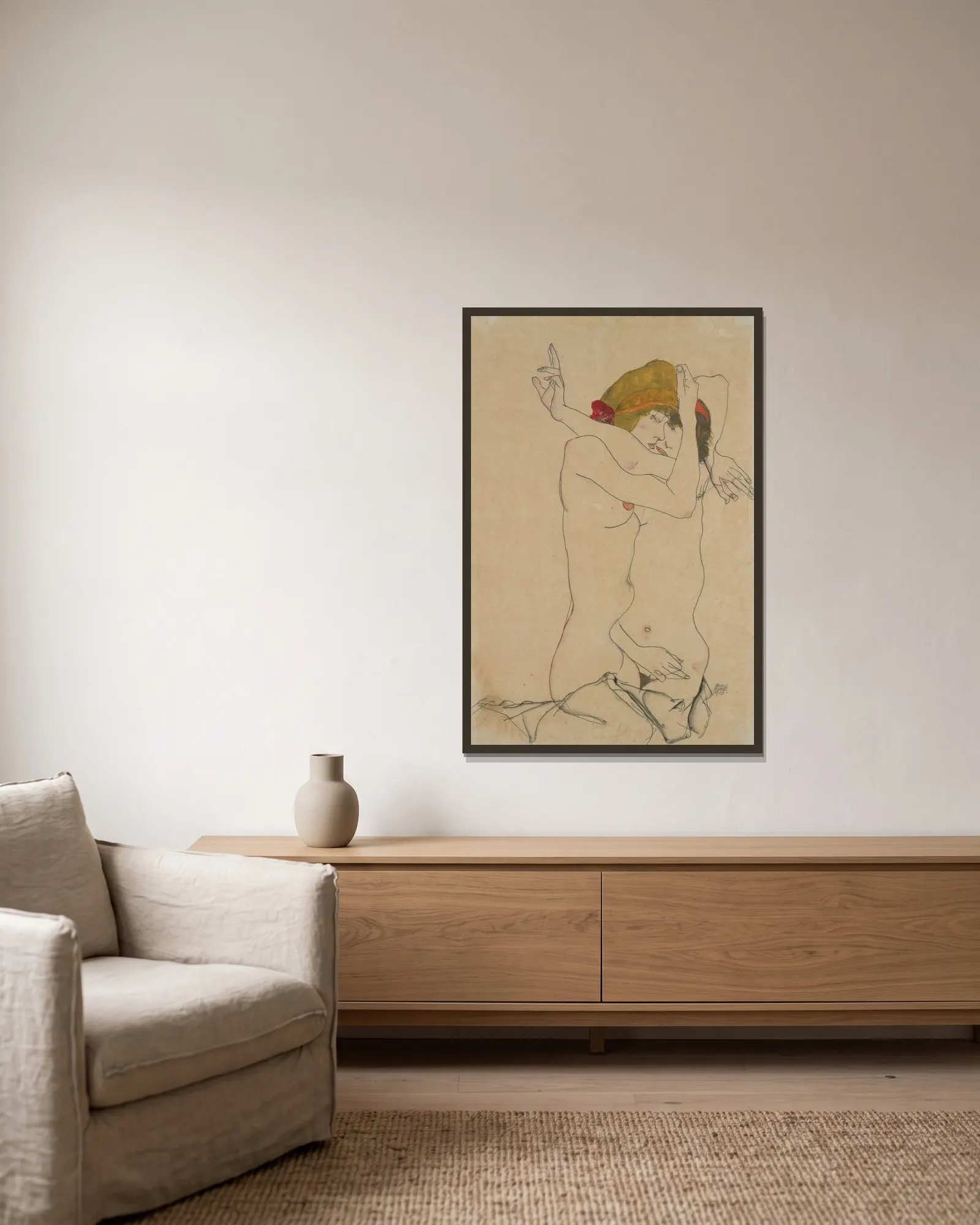 Two Women Embracing av Egon Schiele inramad på en vägg