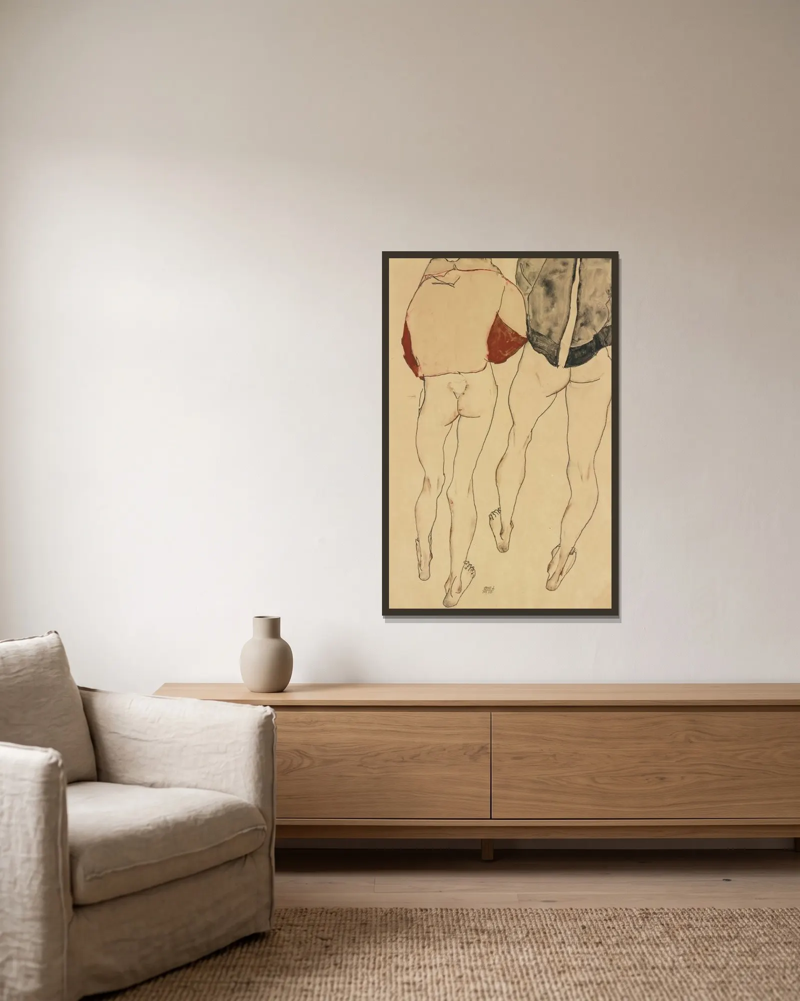 Zwei Stehende Weibliche Halbakte (Two Standing Semi-Nude Females) av Egon Schiele inramad på en vägg