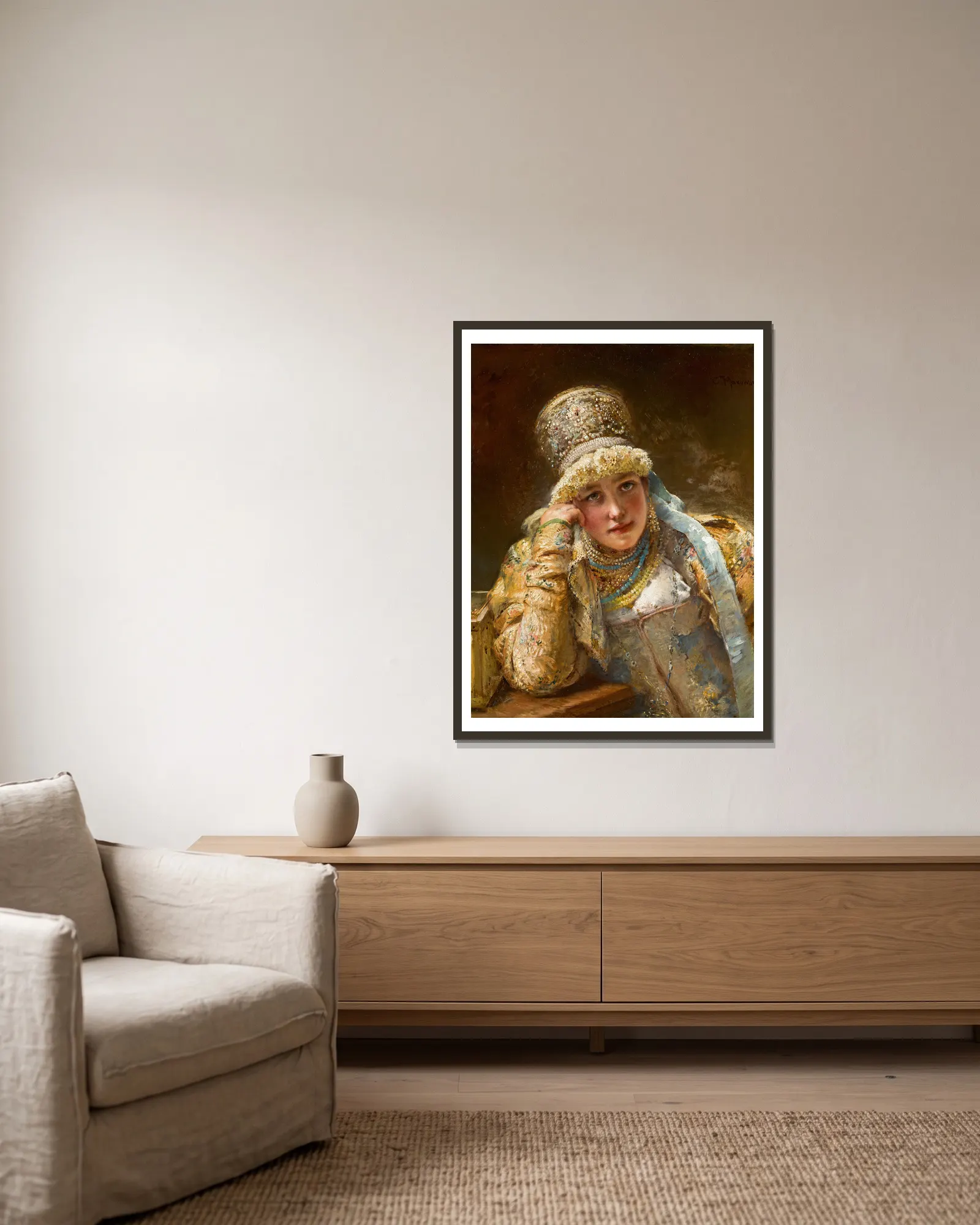 Boyarina av Konstantin Egorovich Makovsky inramad på en vägg