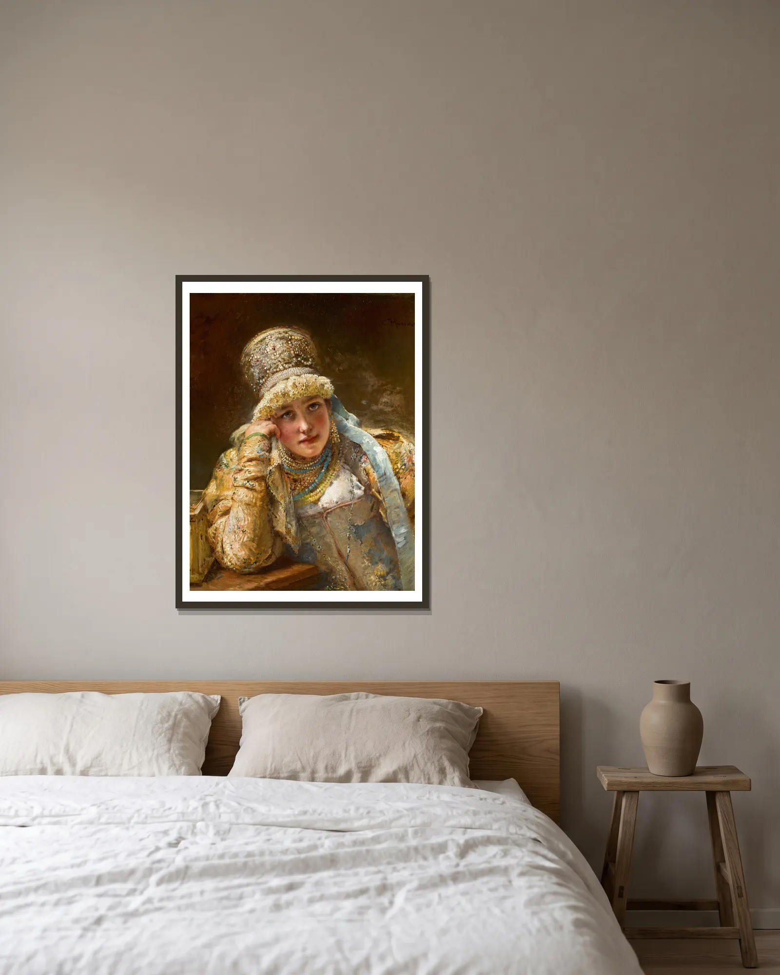 Boyarina av Konstantin Egorovich Makovsky inramad på en vägg