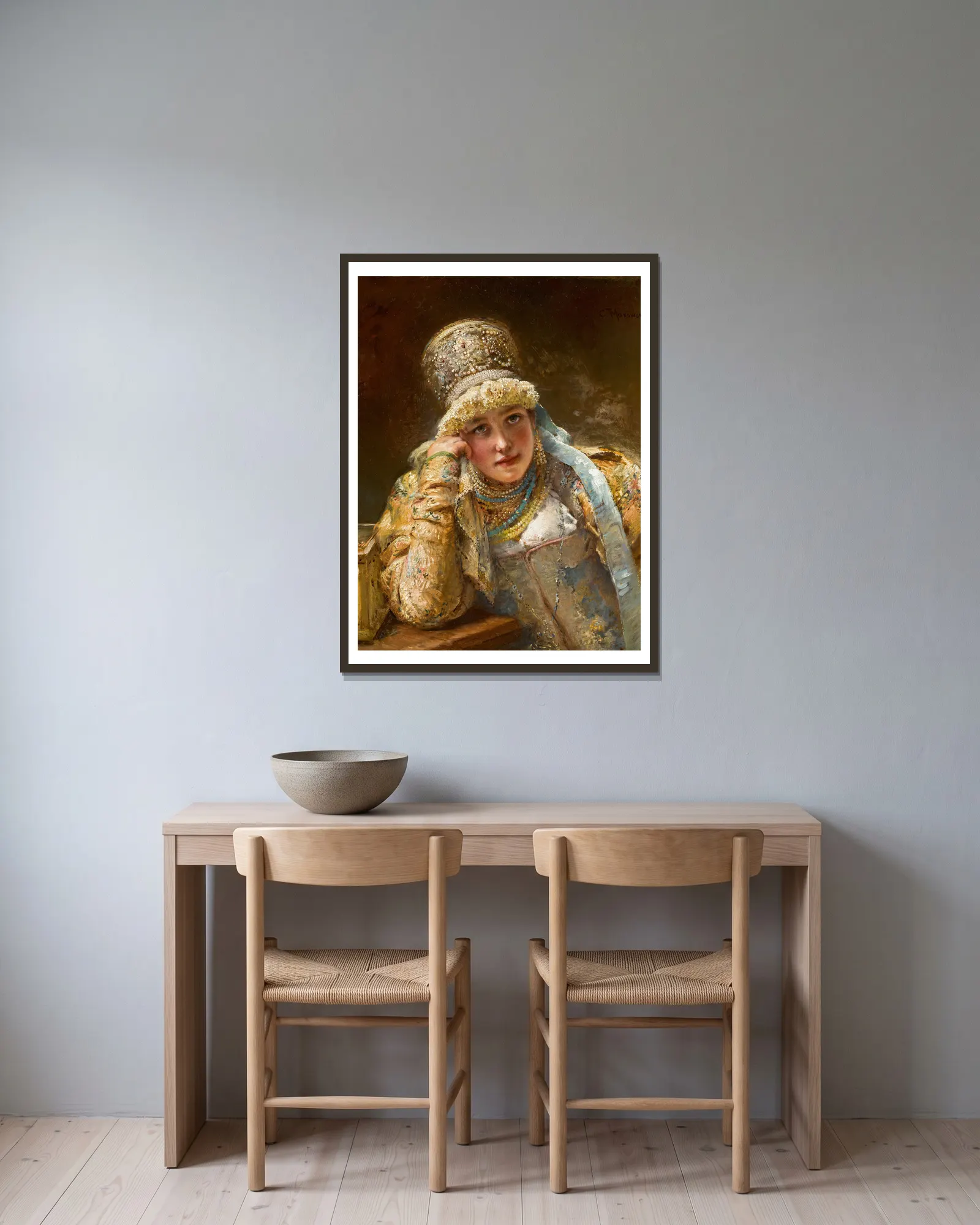 Boyarina av Konstantin Egorovich Makovsky inramad på en vägg