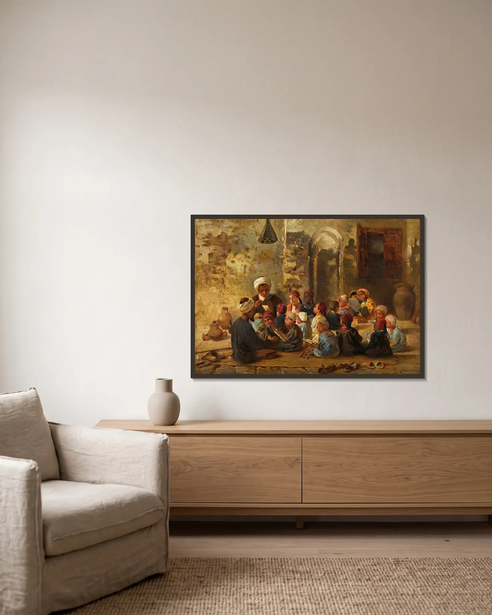 Schoolroom in Cairo av Konstantin Egorovich Makovsky inramad på en vägg