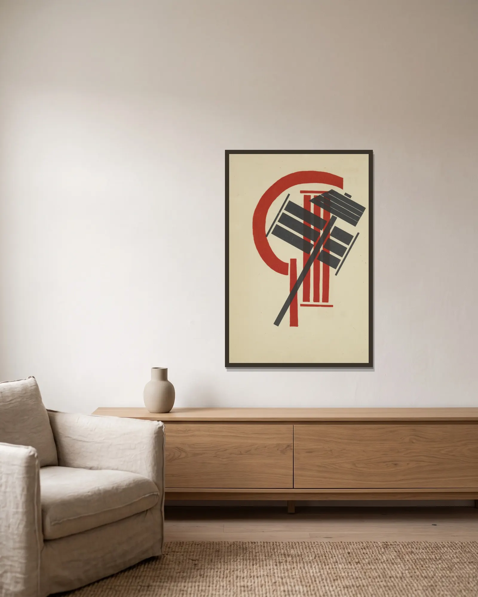 Internatsional av El Lissitzky inramad på en vägg