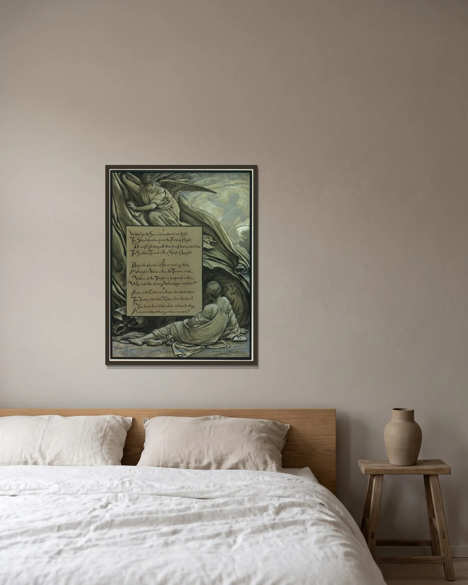 The Awakening av Elihu Vedder inramad på en vägg