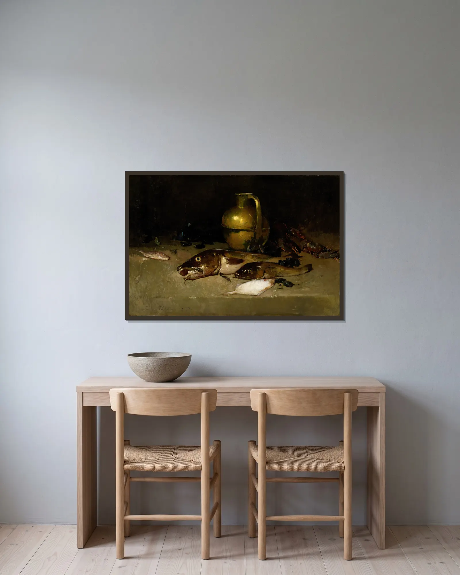 Still Life with Fish av Emil Carlsen inramad på en vägg