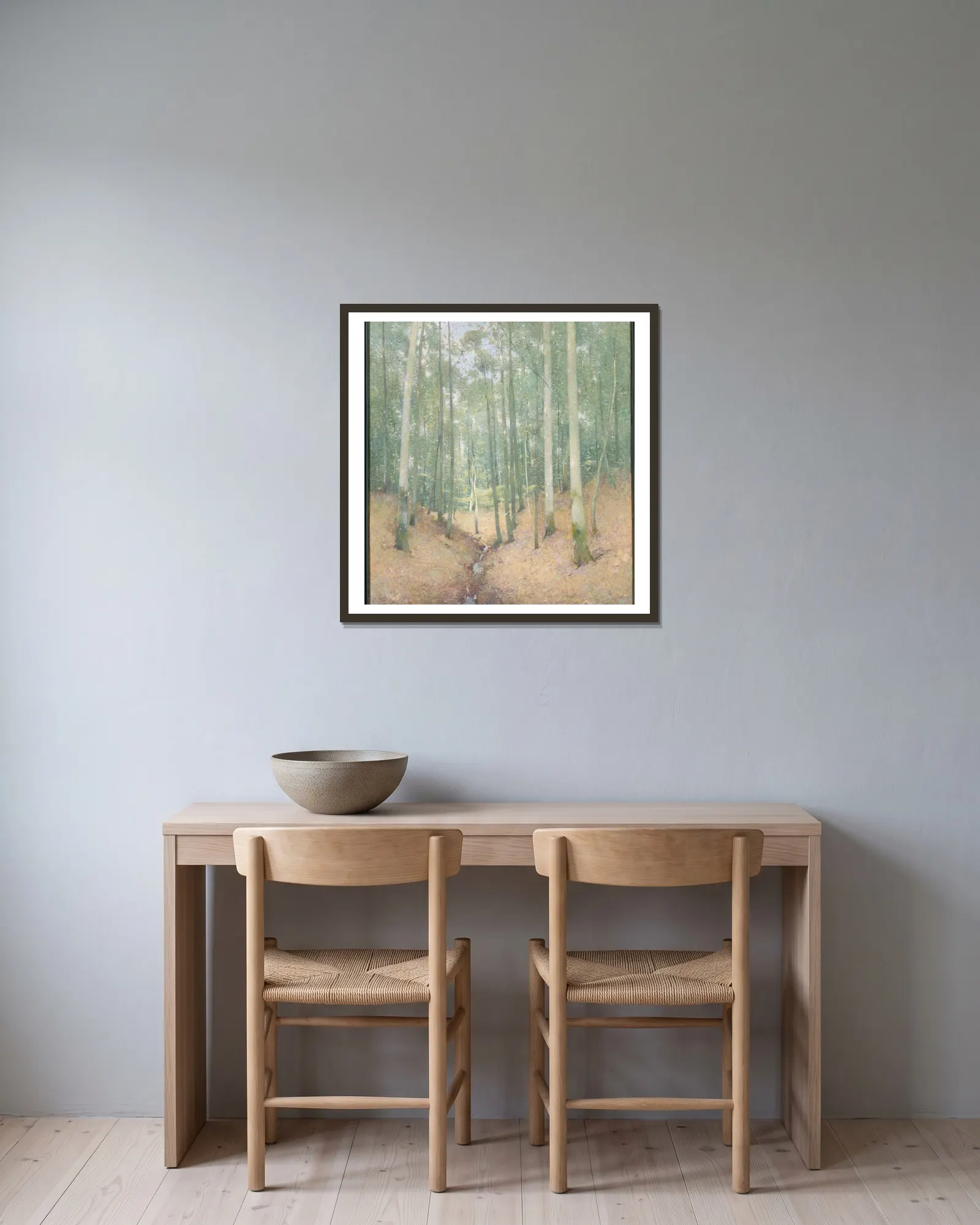 Wood Interior av Emil Carlsen inramad på en vägg