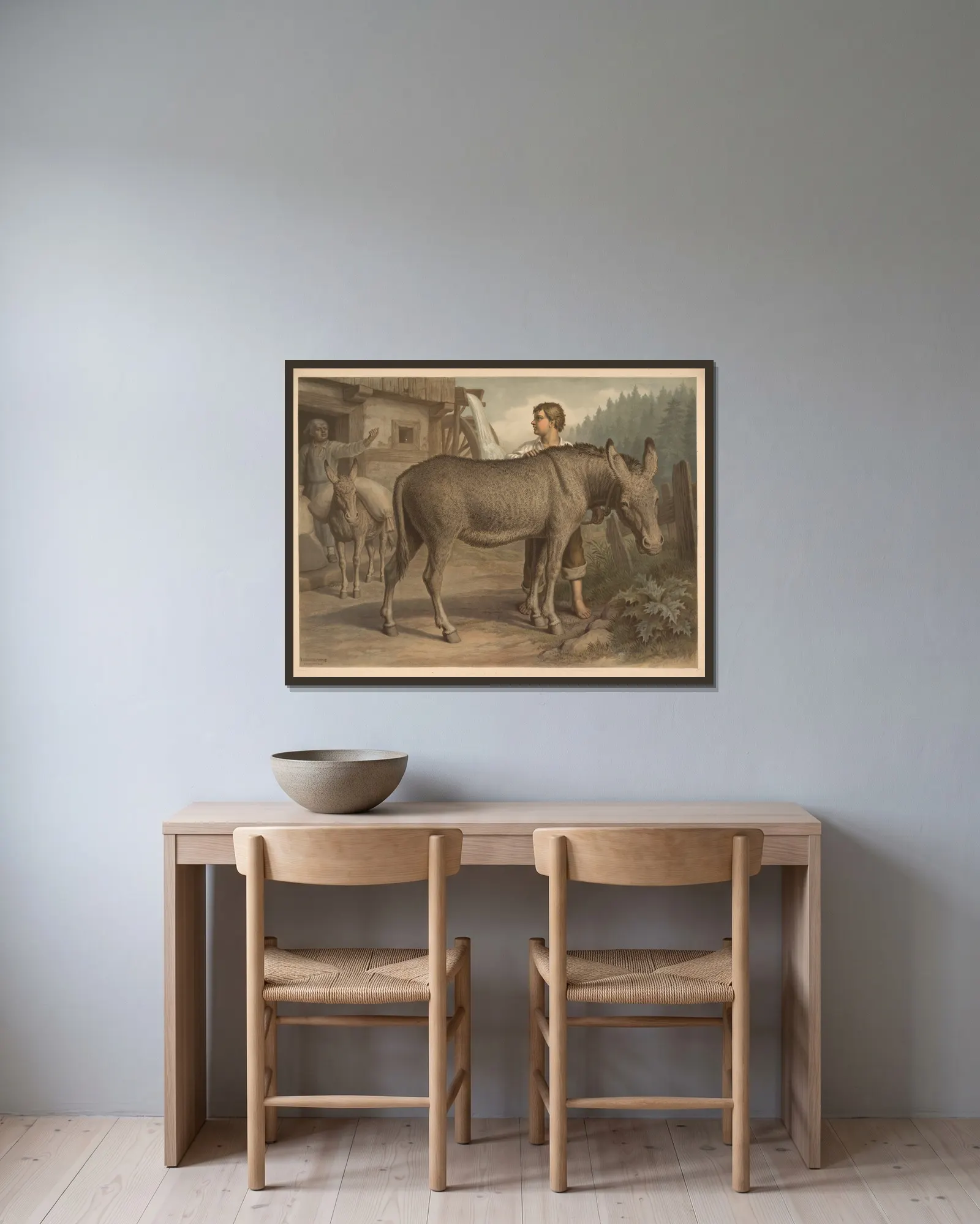Donkey av Emil Schmidt inramad på en vägg