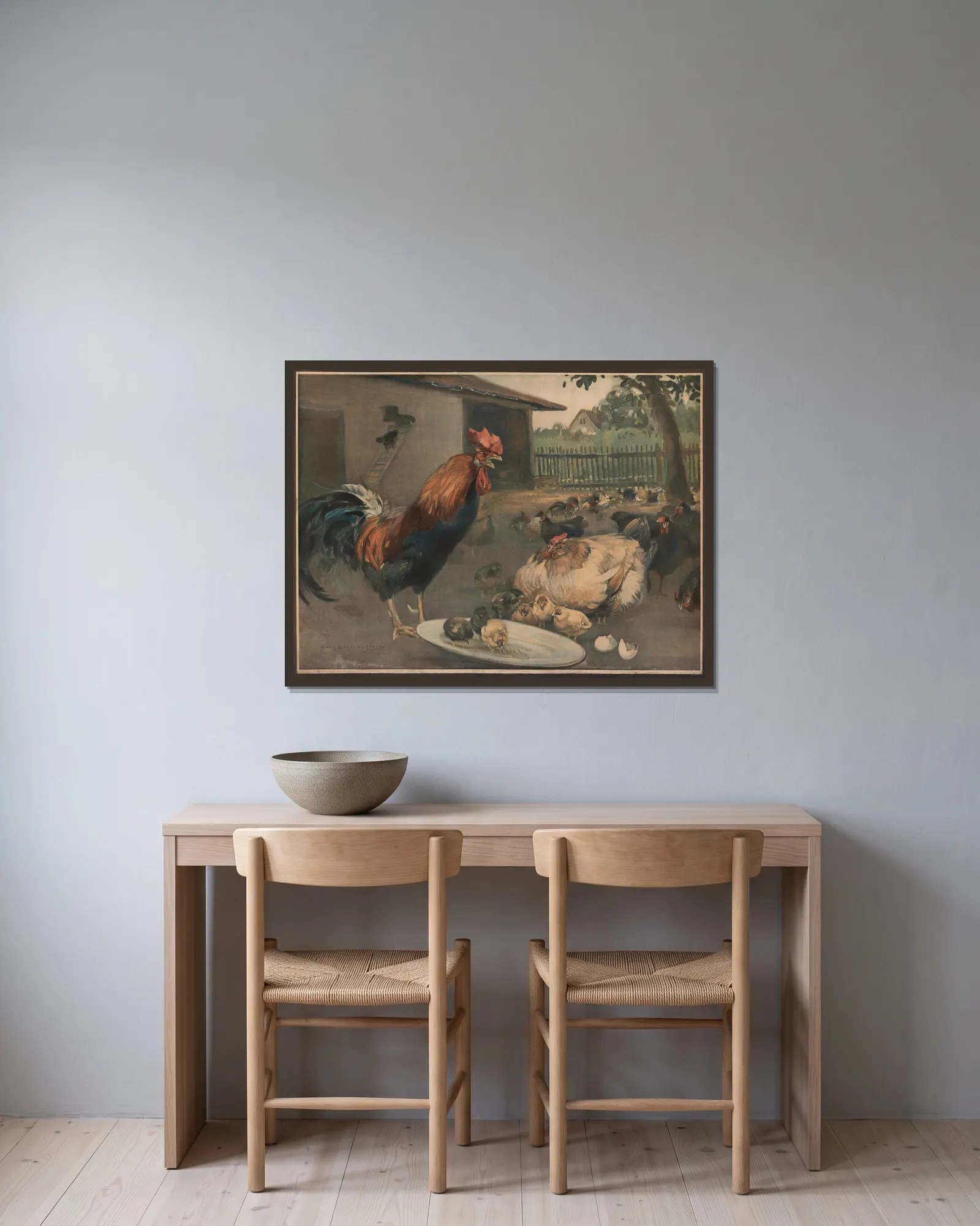 Rooster, hen and chickens av Emil Schmidt inramad på en vägg