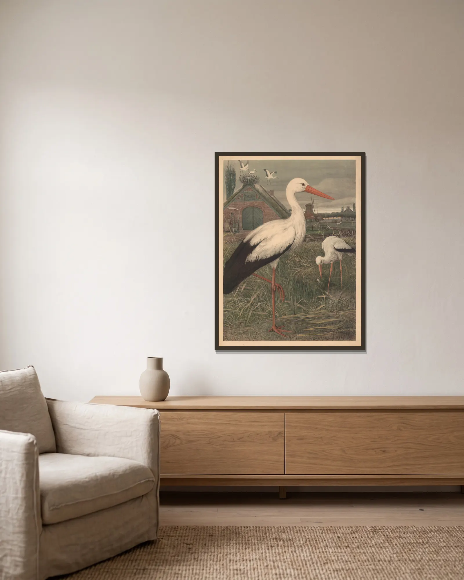 Stork av Emil Schmidt inramad på en vägg