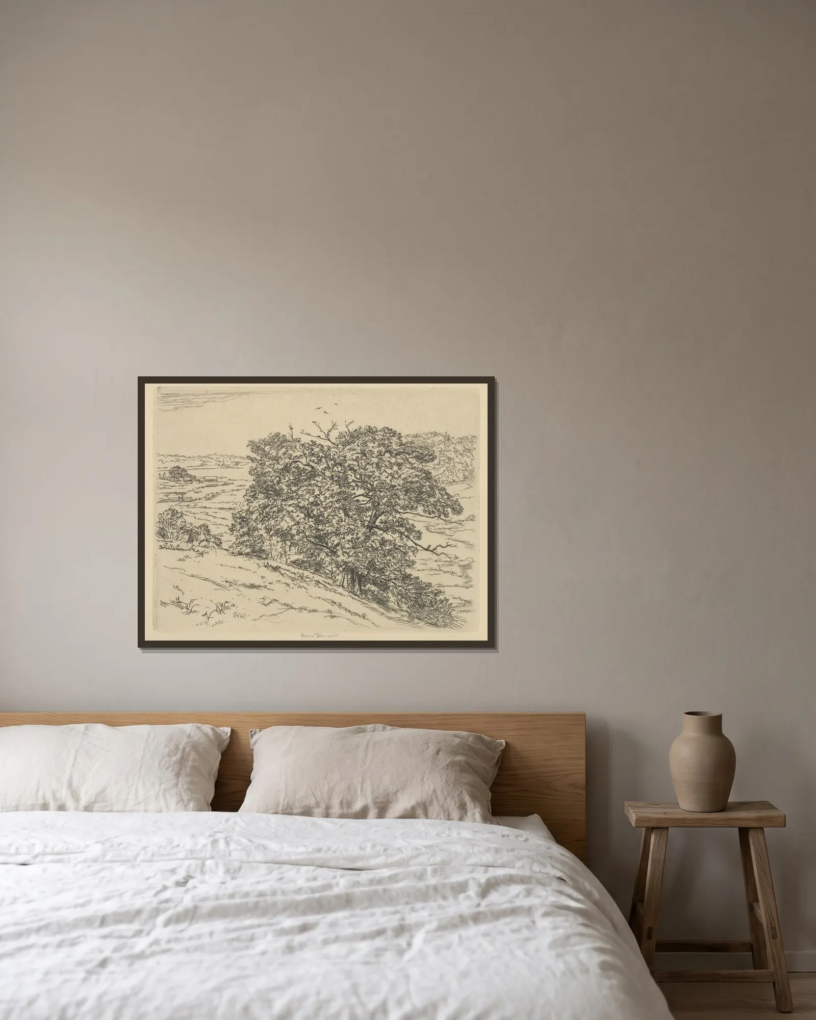 Dromore Oaks av Ernest Haskell inramad på en vägg