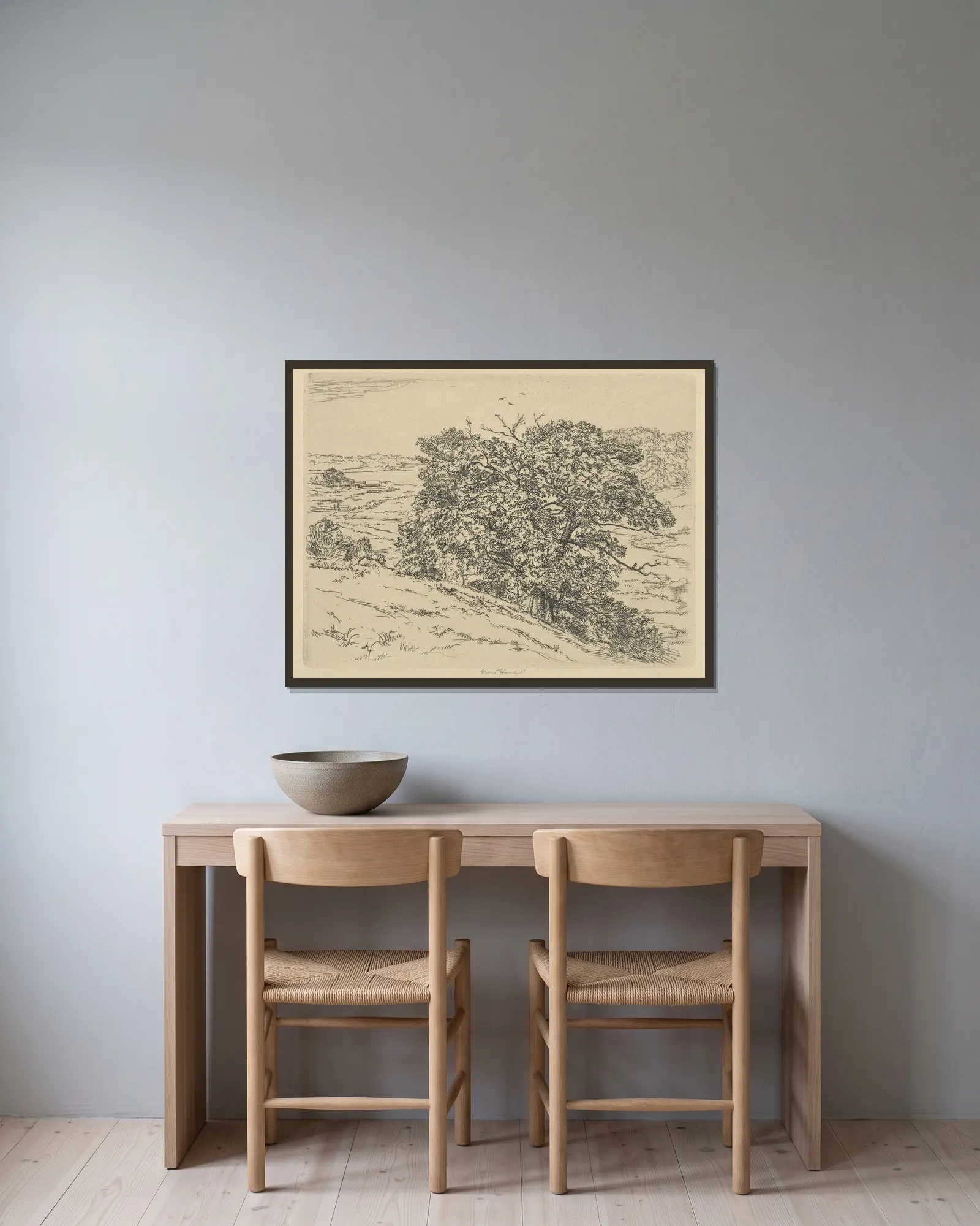 Dromore Oaks av Ernest Haskell inramad på en vägg