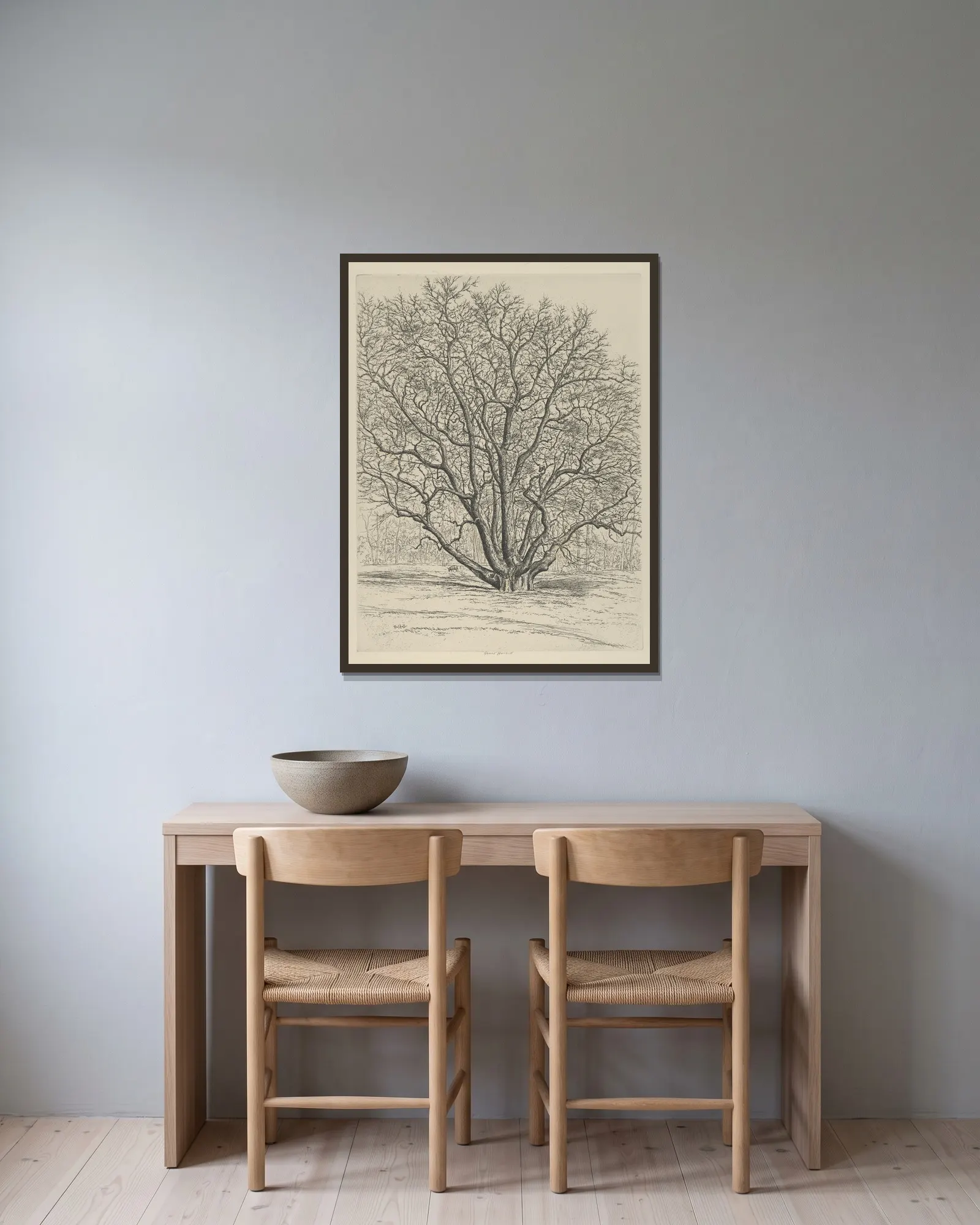 Giant Sycamore av Ernest Haskell inramad på en vägg