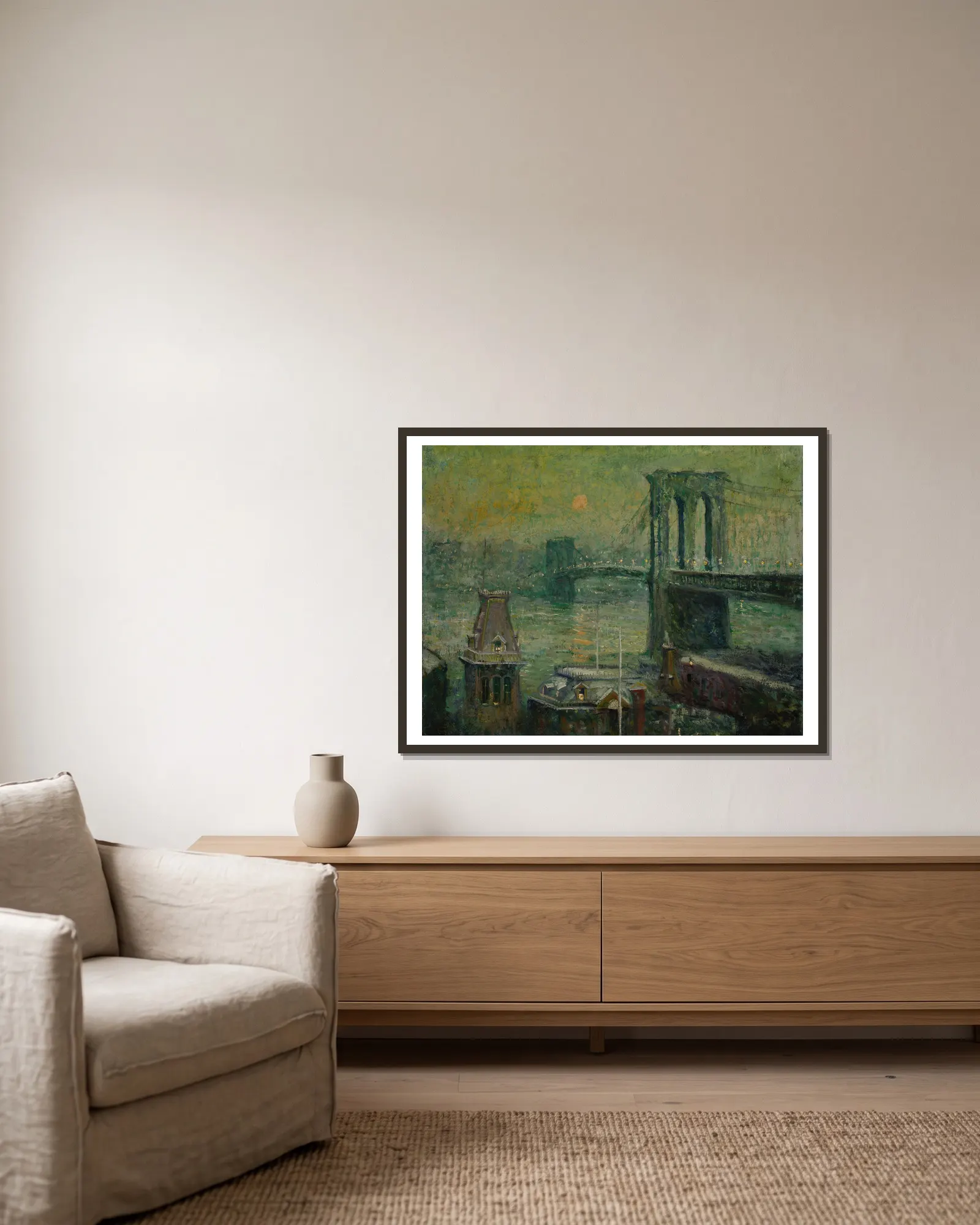 Brooklyn Bridge av Ernest Lawson inramad på en vägg