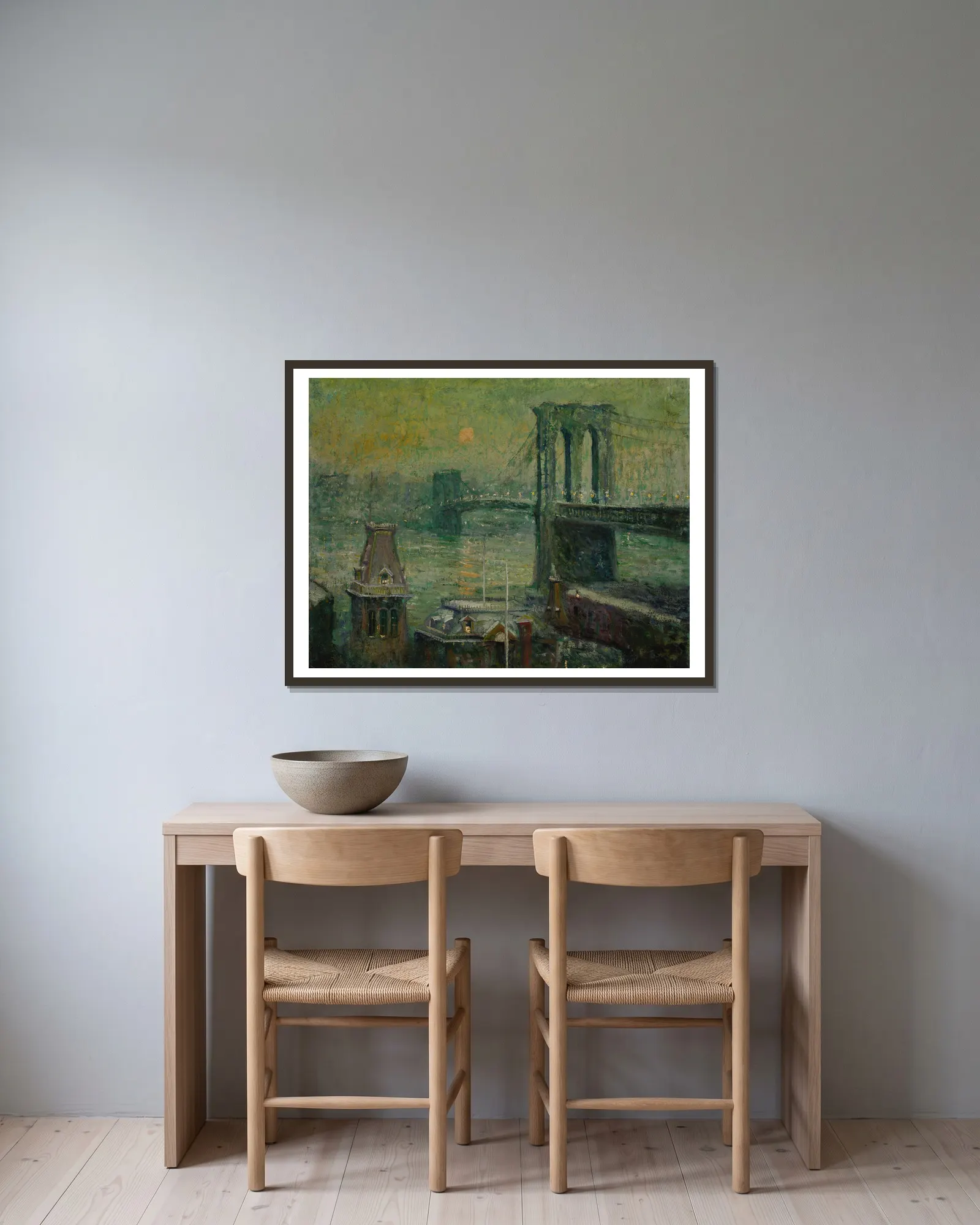 Brooklyn Bridge av Ernest Lawson inramad på en vägg