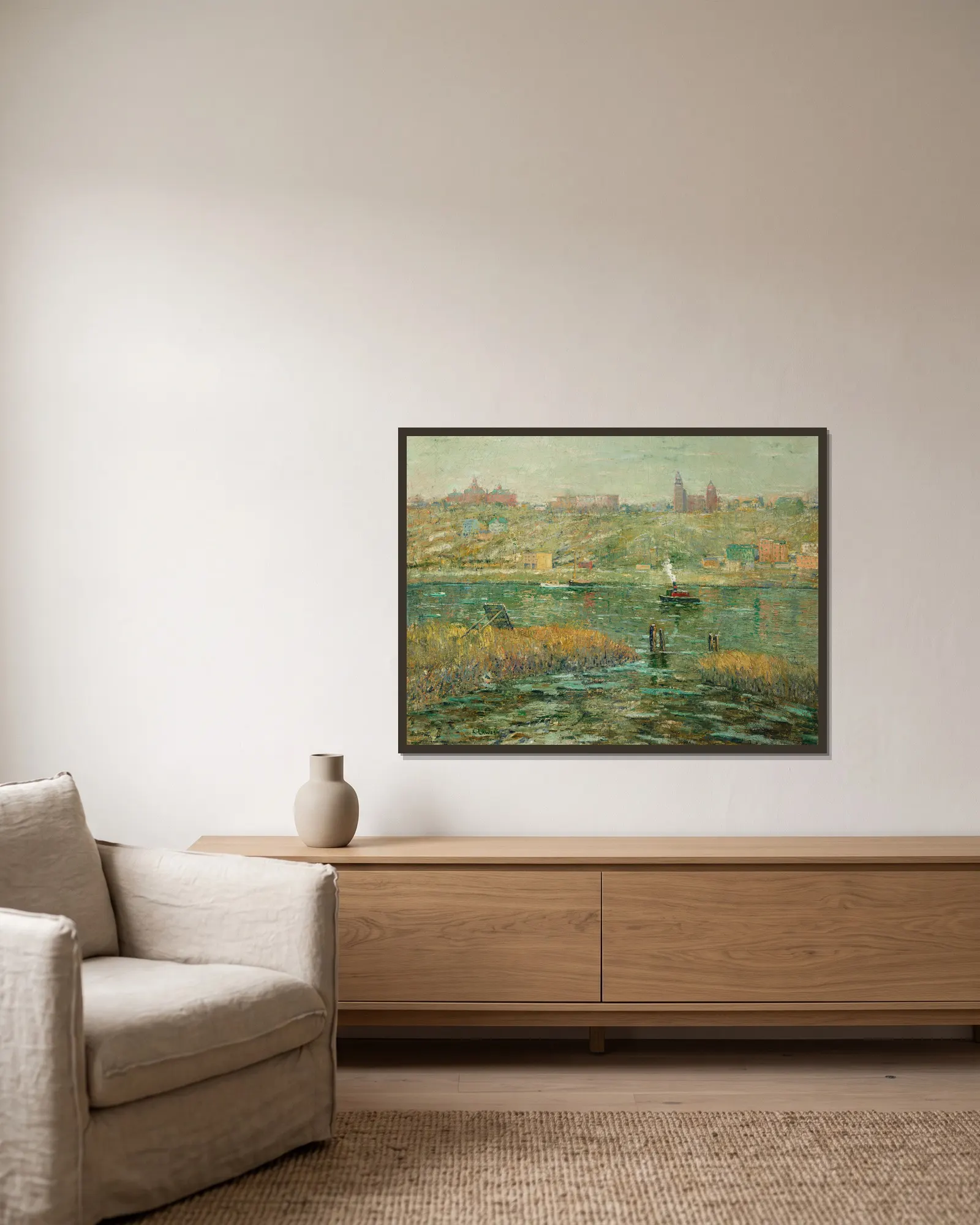 Harlem River av Ernest Lawson inramad på en vägg
