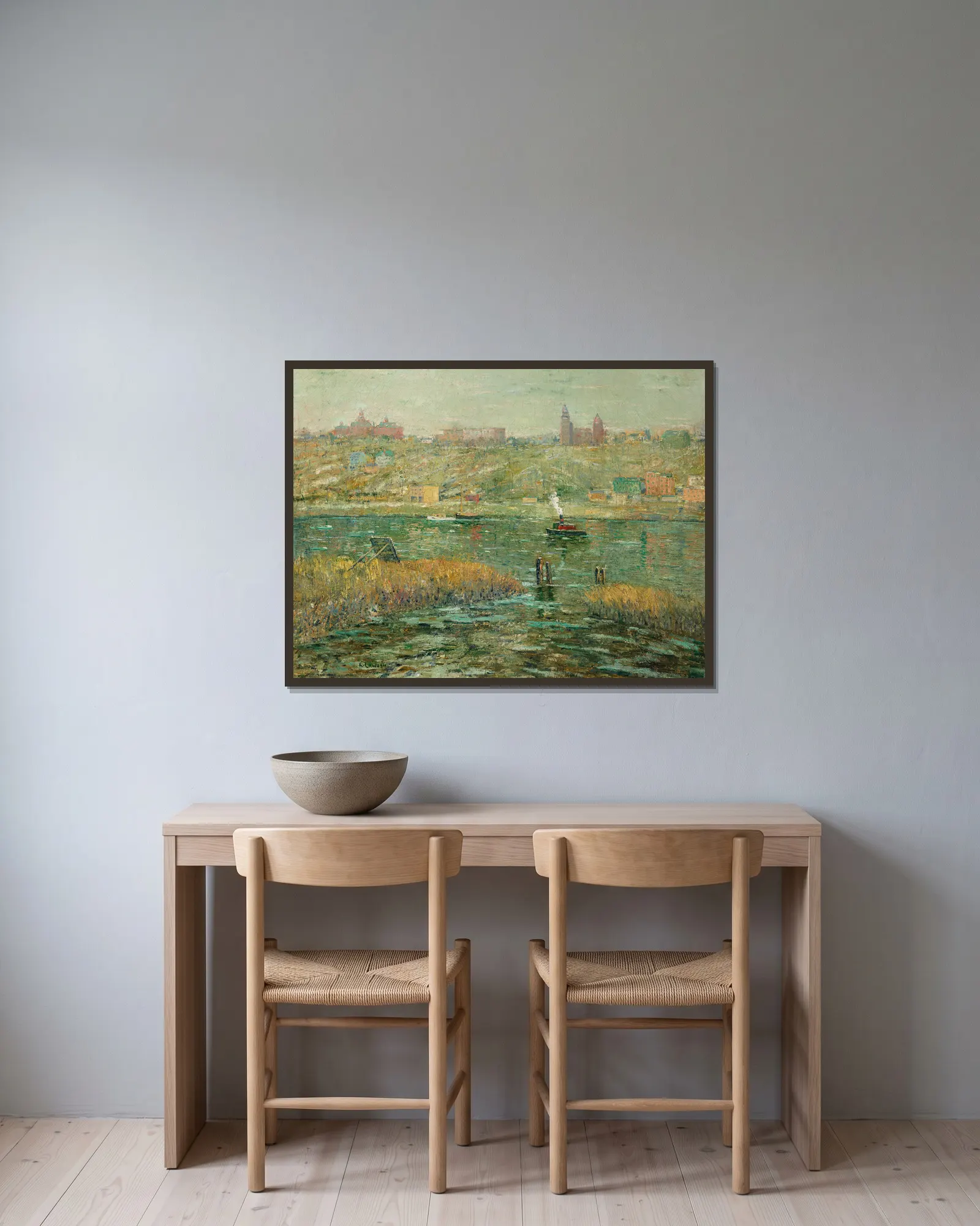 Harlem River av Ernest Lawson inramad på en vägg