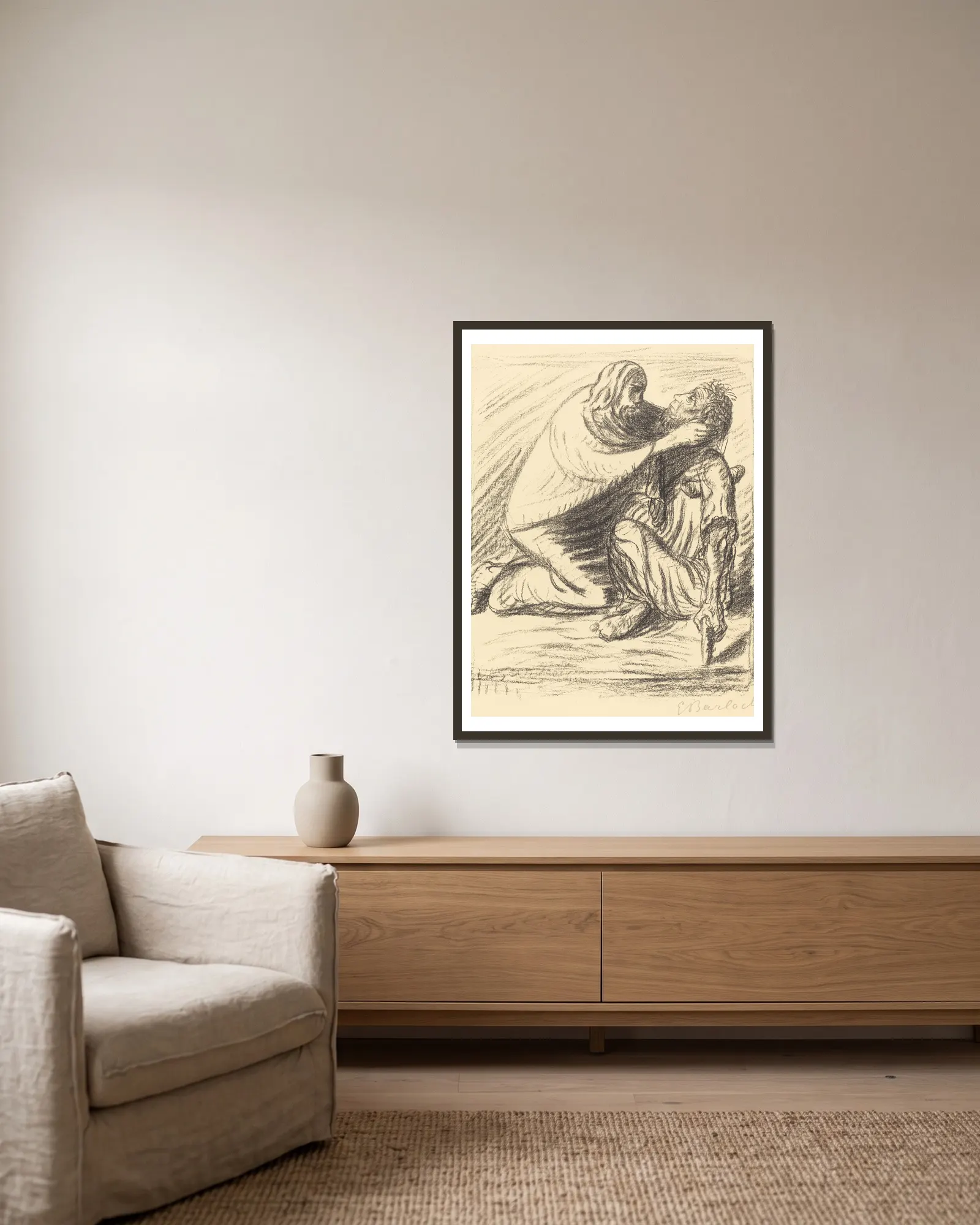 Blessed are the Merciful av Ernst Barlach inramad på en vägg