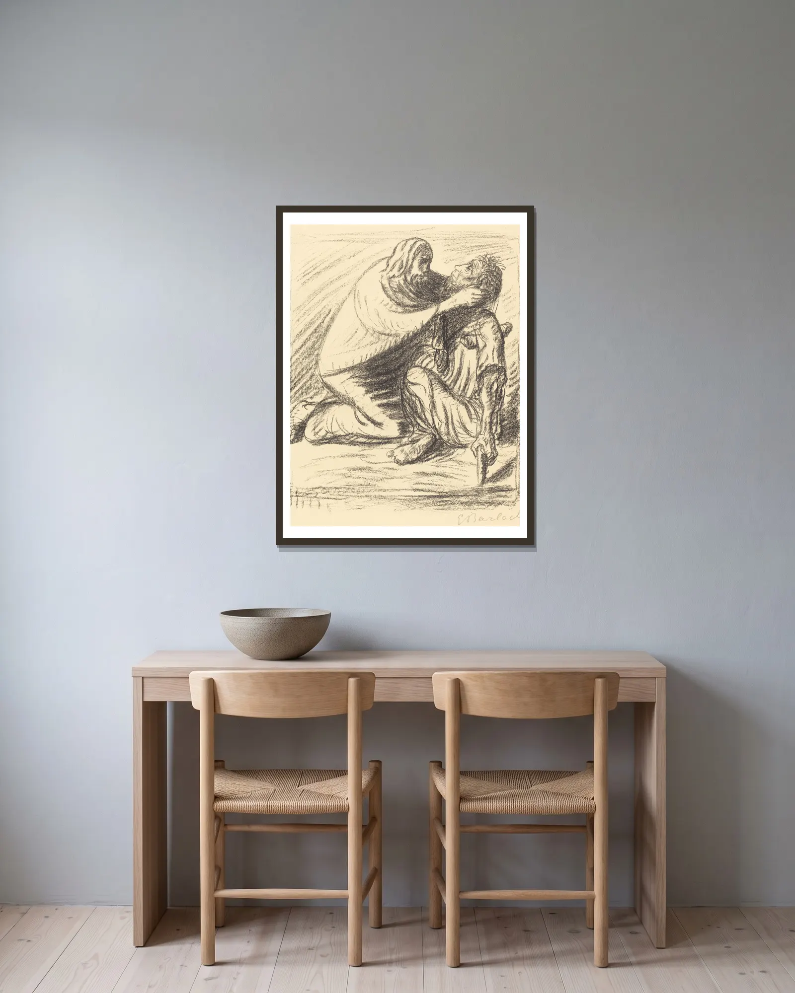Blessed are the Merciful av Ernst Barlach inramad på en vägg