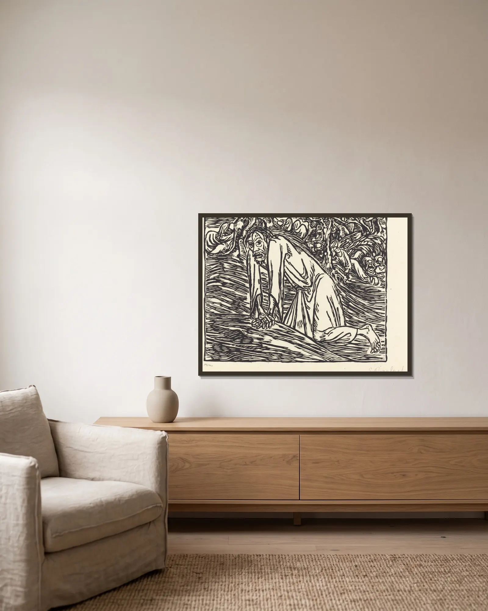 Christ in Gethsemane av Ernst Barlach inramad på en vägg