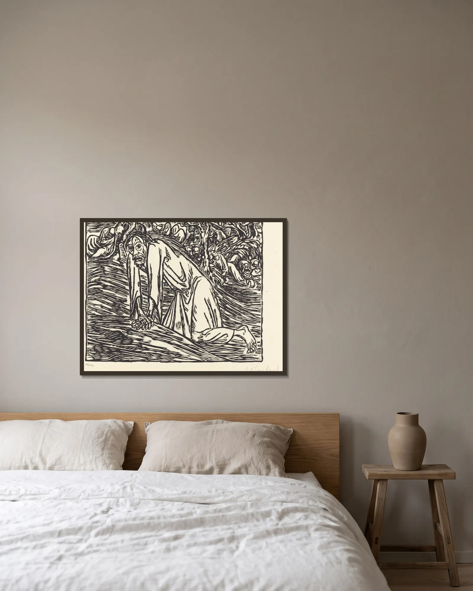 Christ in Gethsemane av Ernst Barlach inramad på en vägg