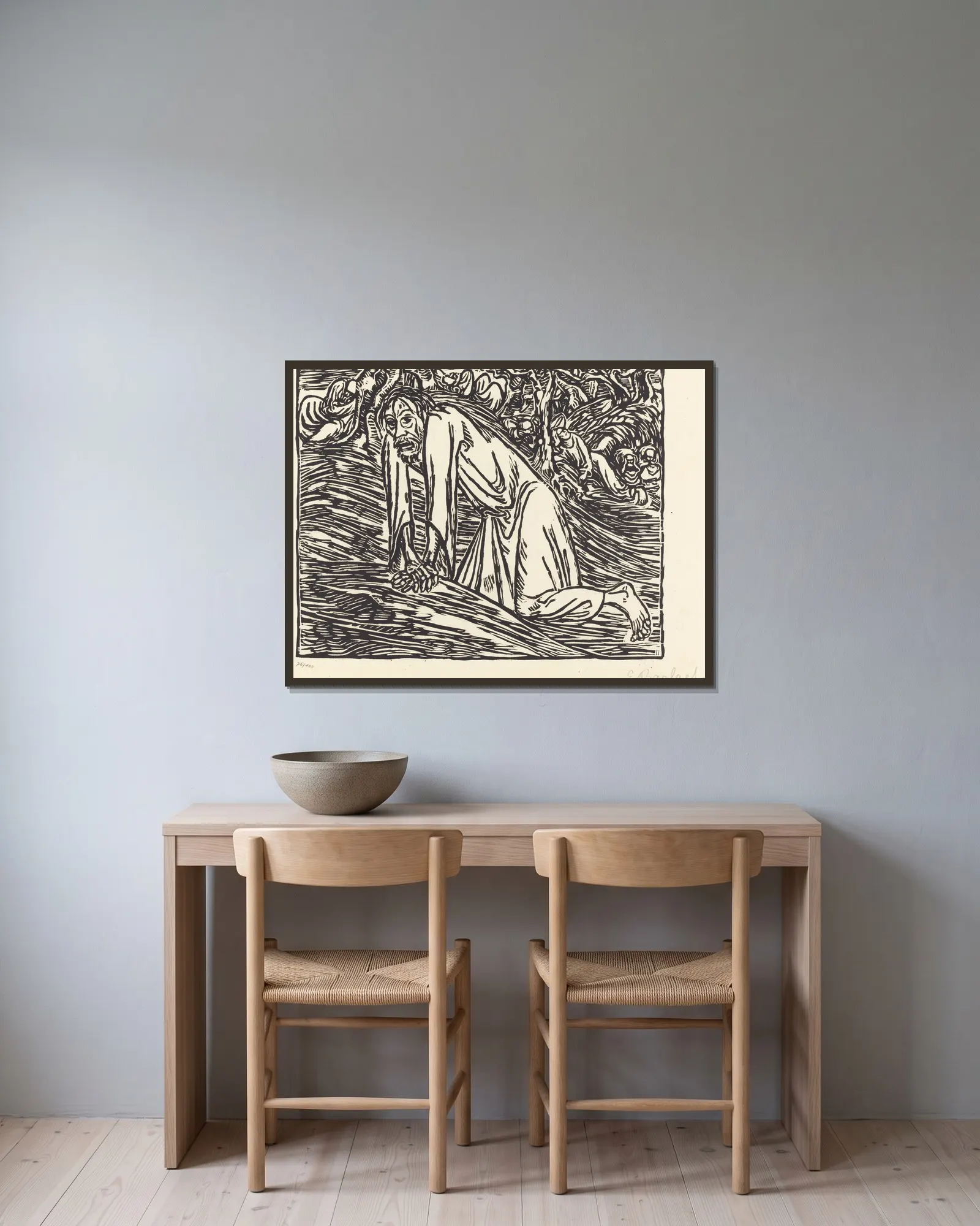 Christ in Gethsemane av Ernst Barlach inramad på en vägg