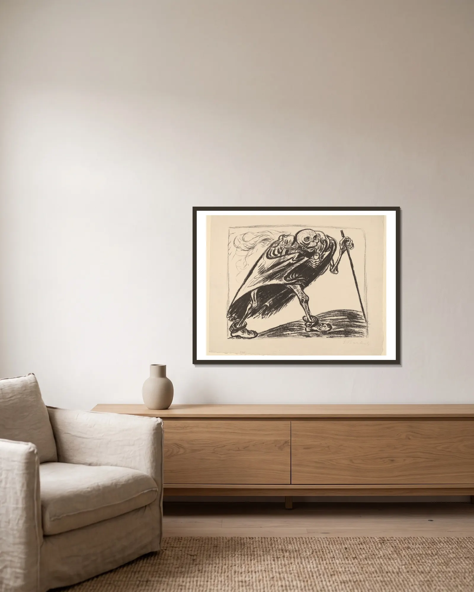 Wandering Death av Ernst Barlach inramad på en vägg