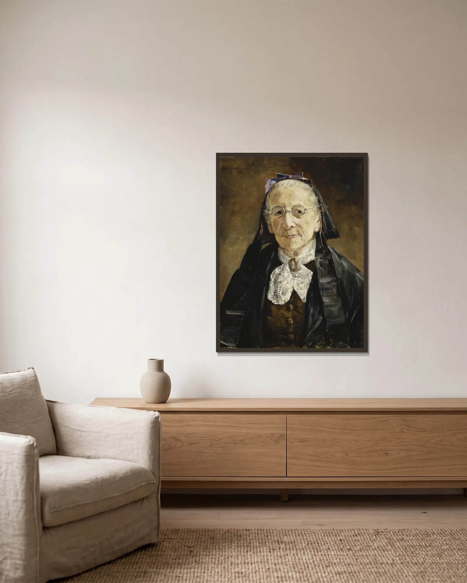 Fru Hanna Marcus av Ernst Josephson inramad på en vägg