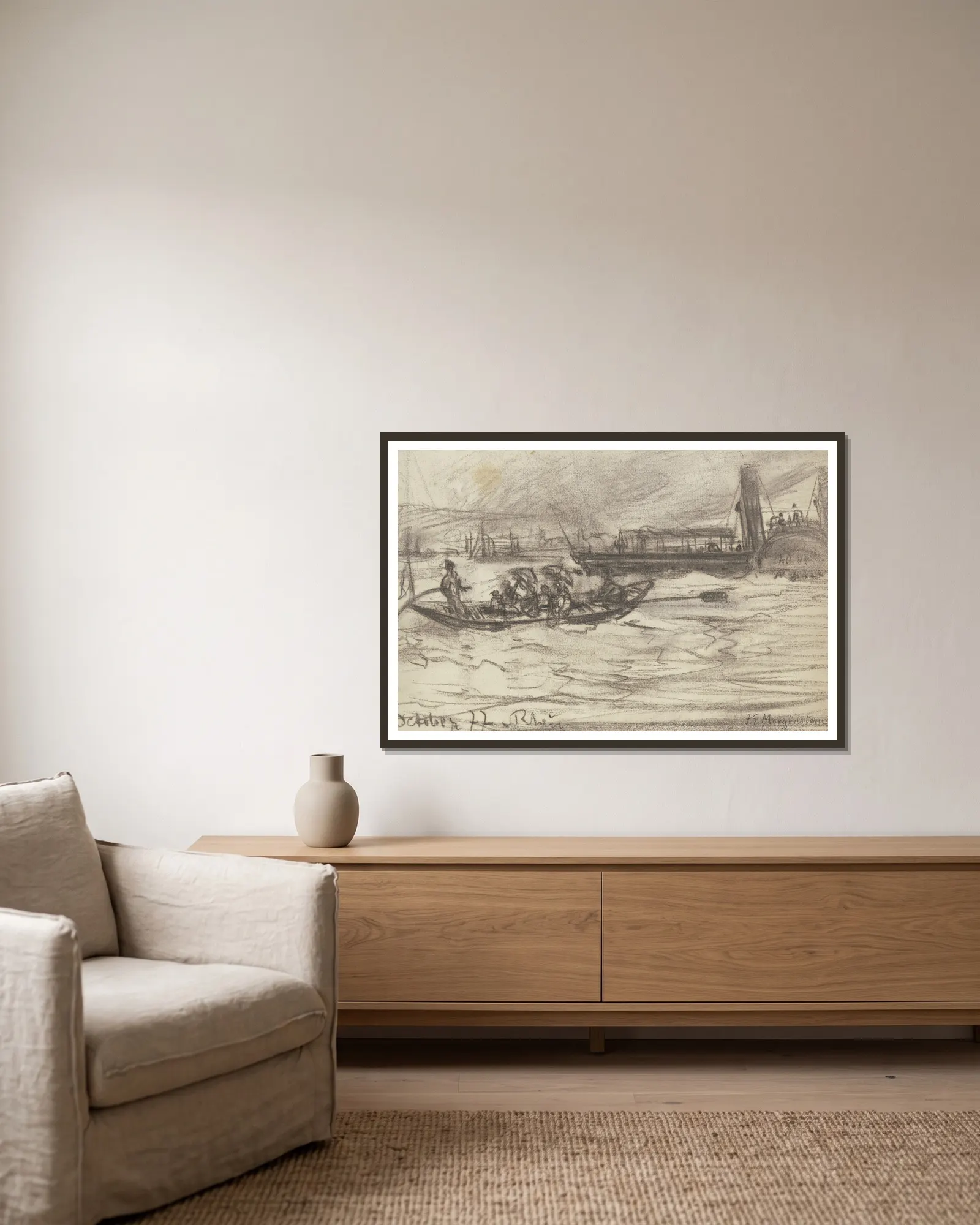 Steamer and boat av Friedrich Ernst Morgenstern inramad på en vägg