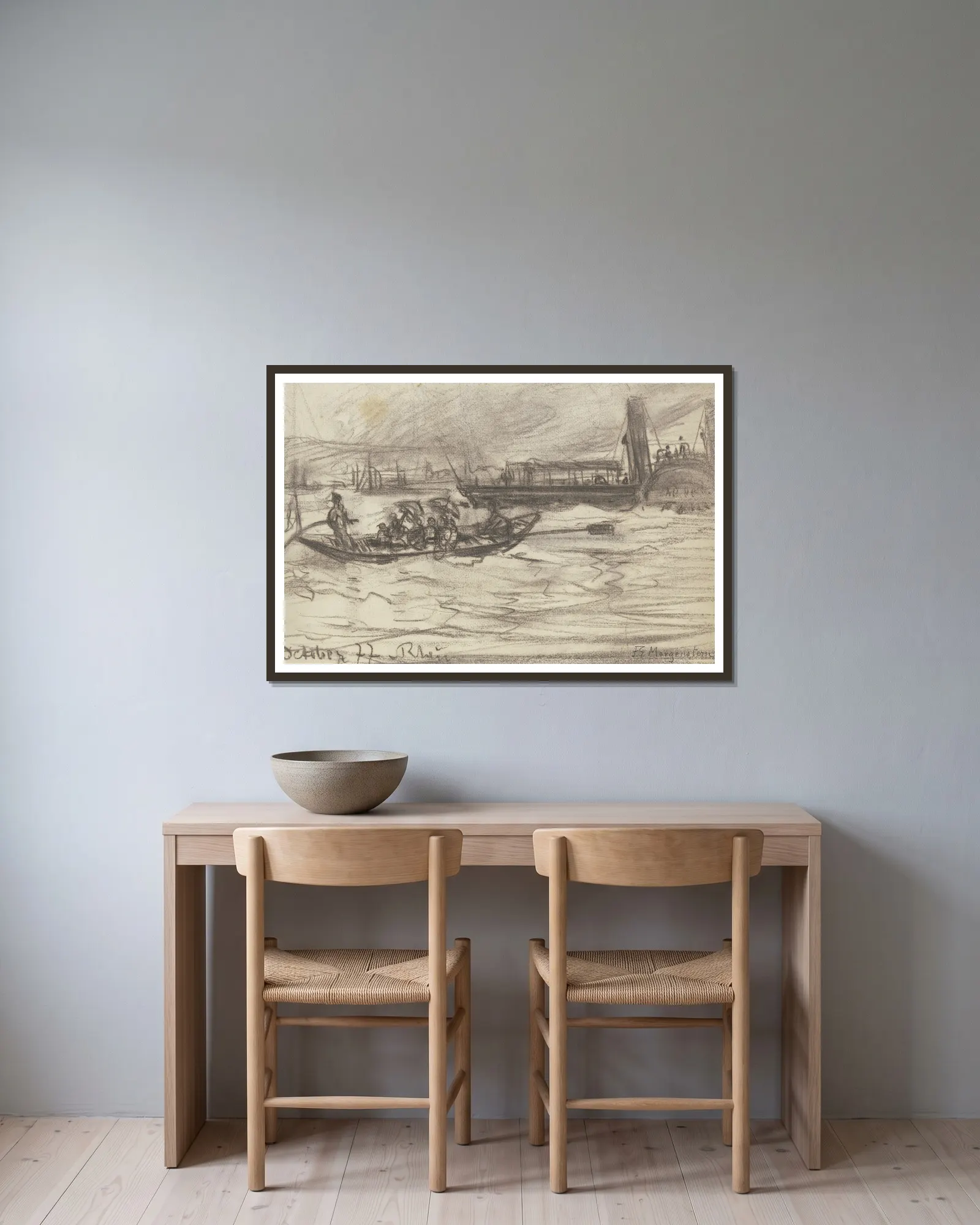Steamer and boat av Friedrich Ernst Morgenstern inramad på en vägg