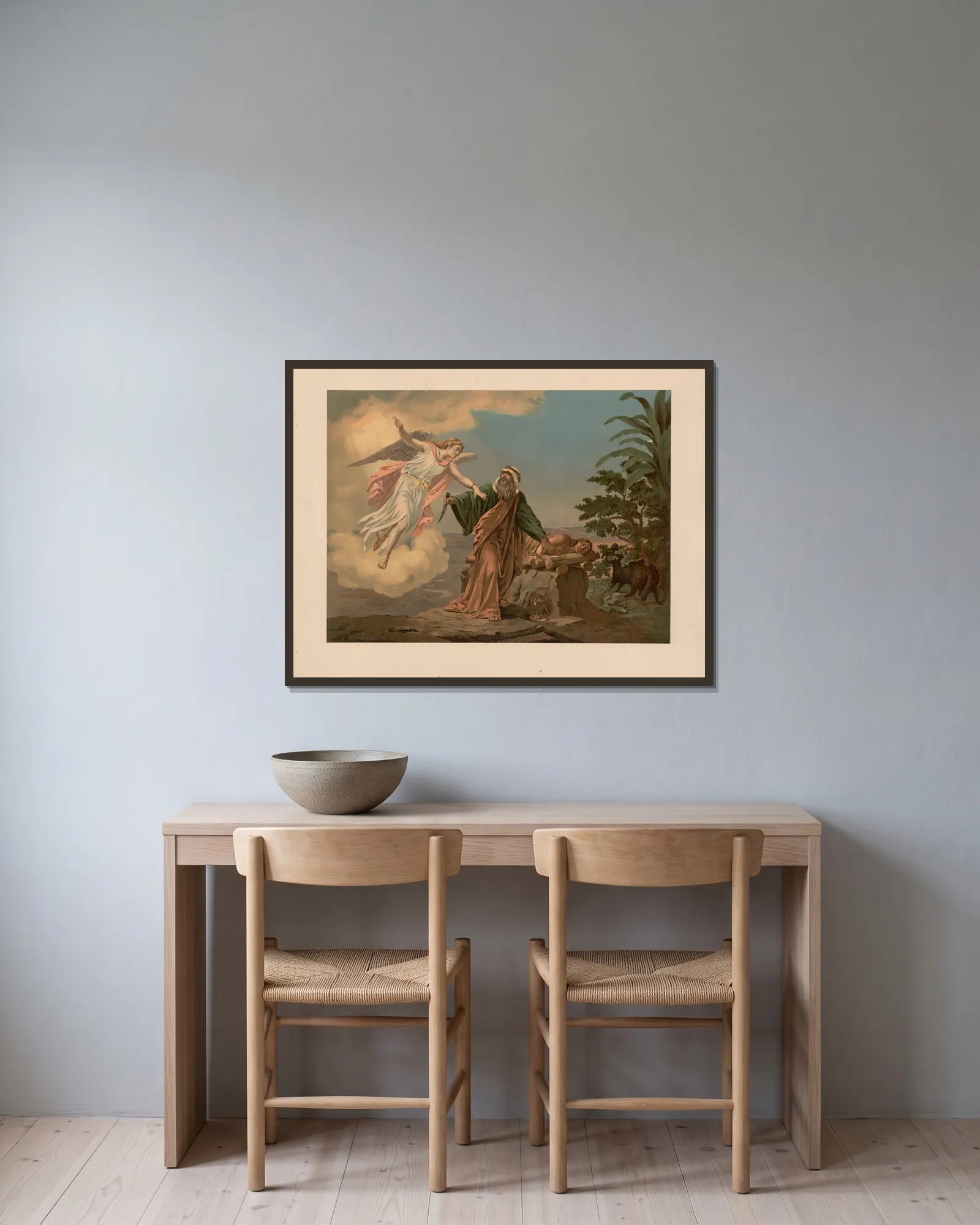 Abraham and Isaac av Ernst Pessler inramad på en vägg
