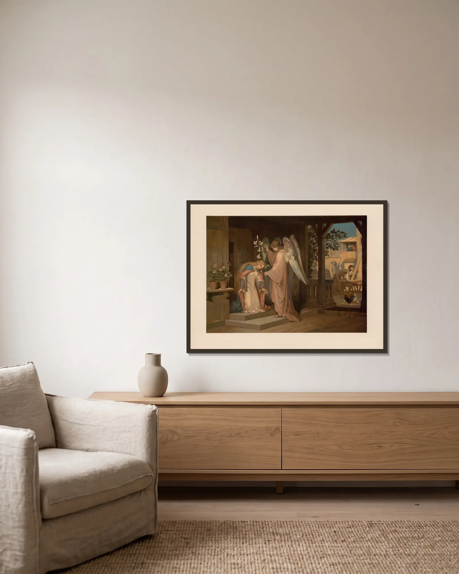 Annunciation av Ernst Pessler inramad på en vägg